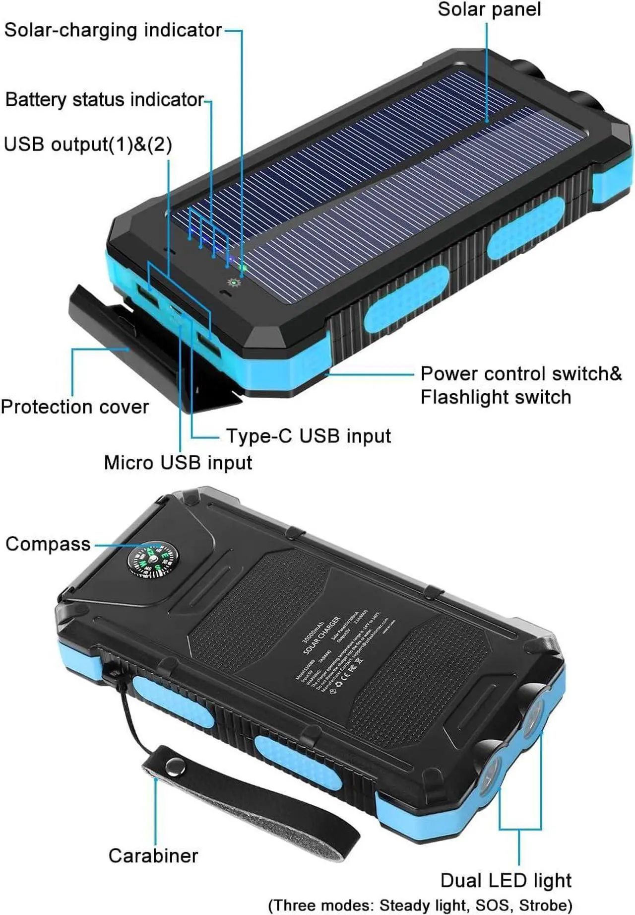 Alt view image 2 of 6 - Power-Bank-Portable-Solar-Charger-30000mAh Battery Pack with Emergency LED Flashlight & 2x2.1A USB-A Output Ports Compatible with iPhone 14/13 Series, Samsung, and More, Perfect for Hiking, Camping
