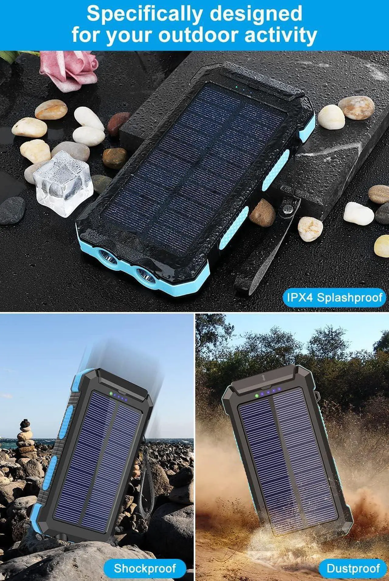 Alt view image 4 of 6 - Power-Bank-Portable-Solar-Charger-30000mAh Battery Pack with Emergency LED Flashlight & 2x2.1A USB-A Output Ports Compatible with iPhone 14/13 Series, Samsung, and More, Perfect for Hiking, Camping