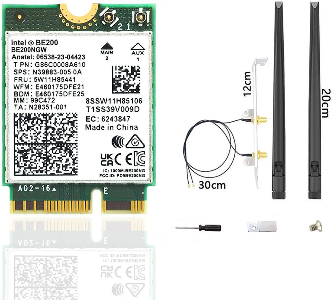 Main image of WiFi 7 BE200 NGW Wireless Card, Tri-Band 6GHz/5GHz/2.4GHz M.2 NGFF Bluetooth 5.4, Includes Ipex Cable, 8dBi Antennas and Brackets Support Windows 10/11(64 bit)/Linux, Not Support AMD. (with Antennas)