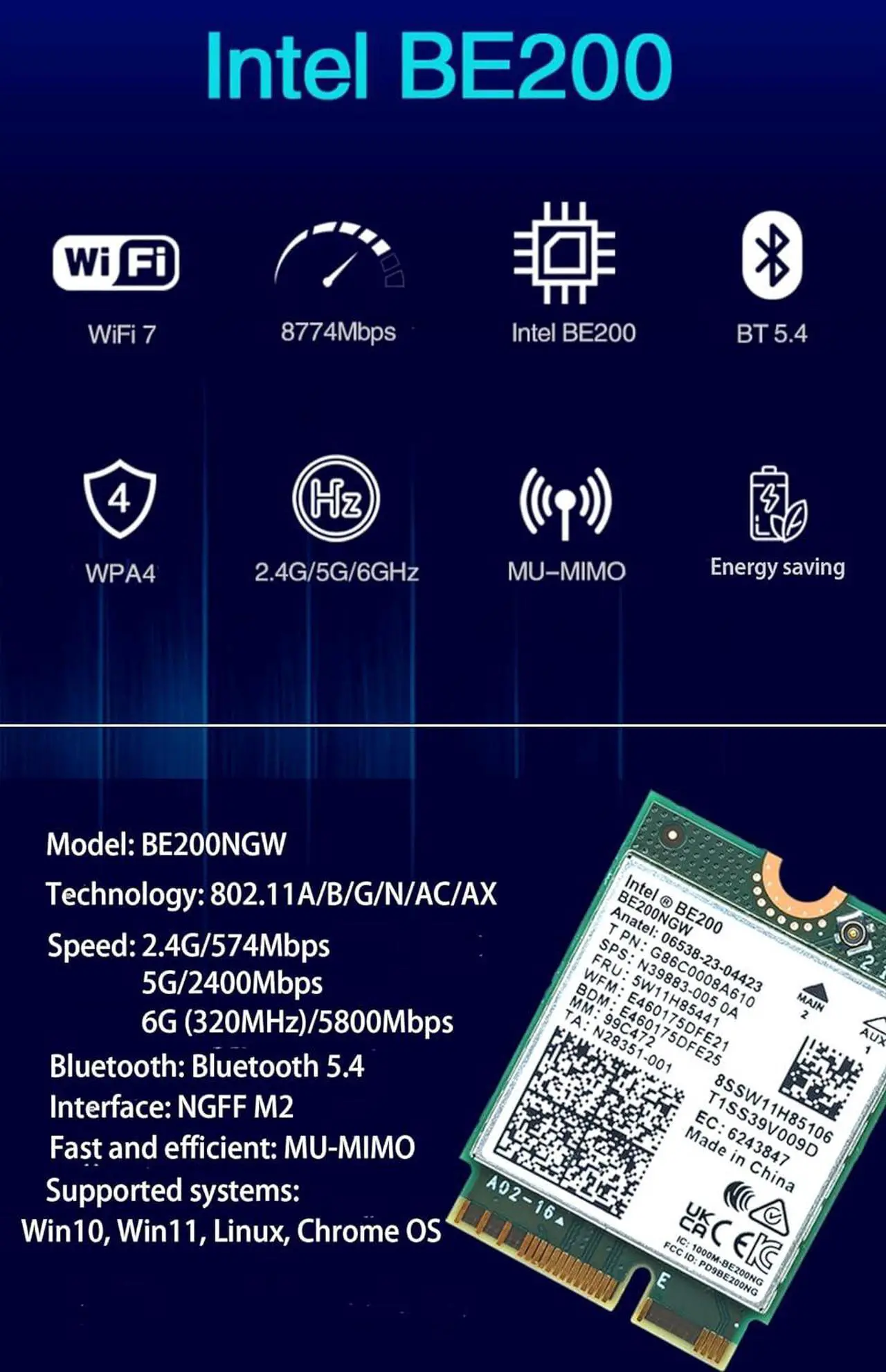 Alt view image 6 of 7 - WiFi 7 BE200 NGW Wireless Card, Tri-Band 6GHz/5GHz/2.4GHz M.2 NGFF Bluetooth 5.4, Includes Ipex Cable, 8dBi Antennas and Brackets Support Windows 10/11(64 bit)/Linux, Not Support AMD. (with Antennas)
