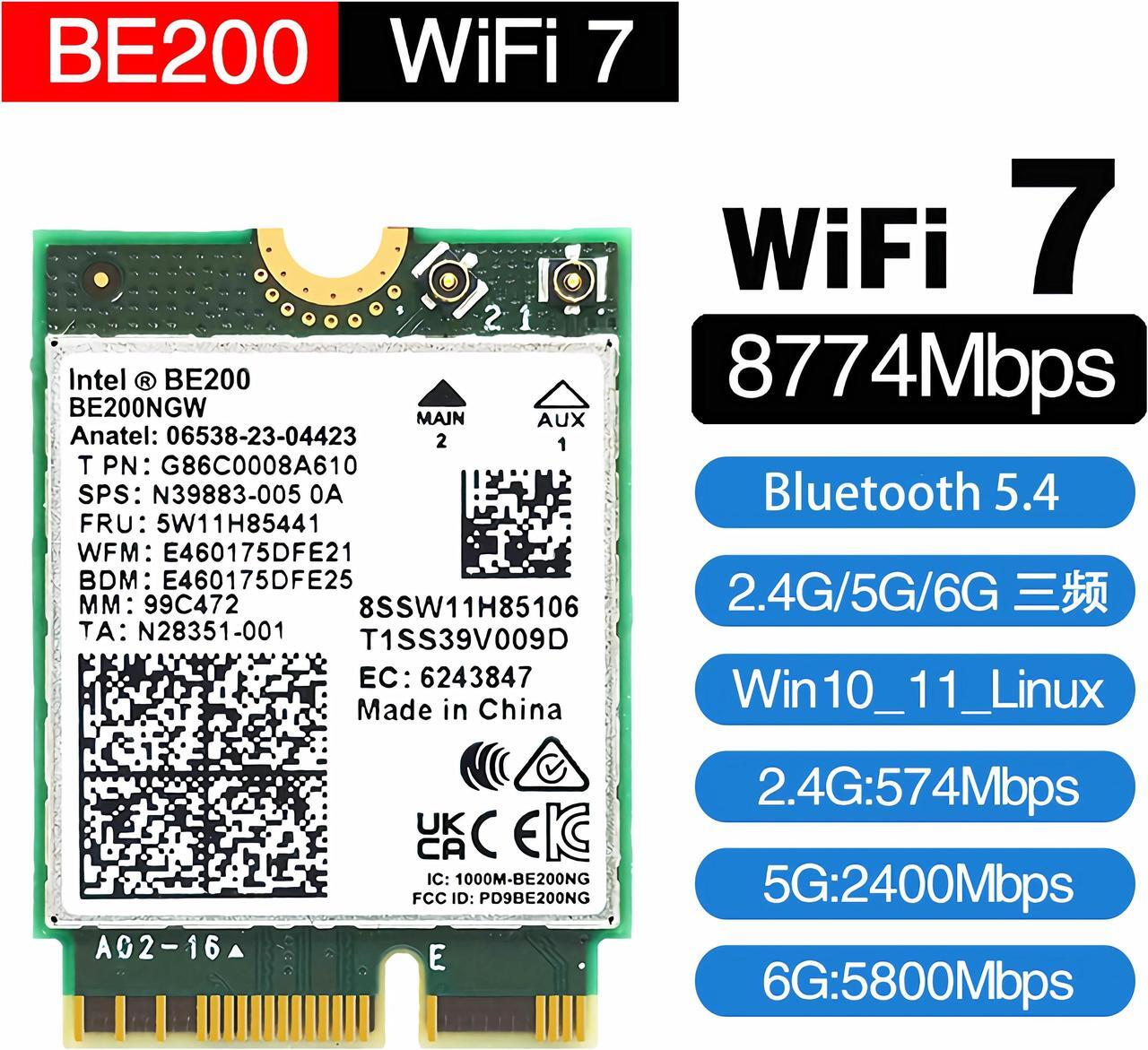 Alt view image 2 of 7 - WiFi 7 BE200 NGW Wireless Card, Tri-Band 6GHz/5GHz/2.4GHz M.2 NGFF Bluetooth 5.4, Support Windows 10/11(64 bit)/Linux, Not Support AMD. (Single Card)