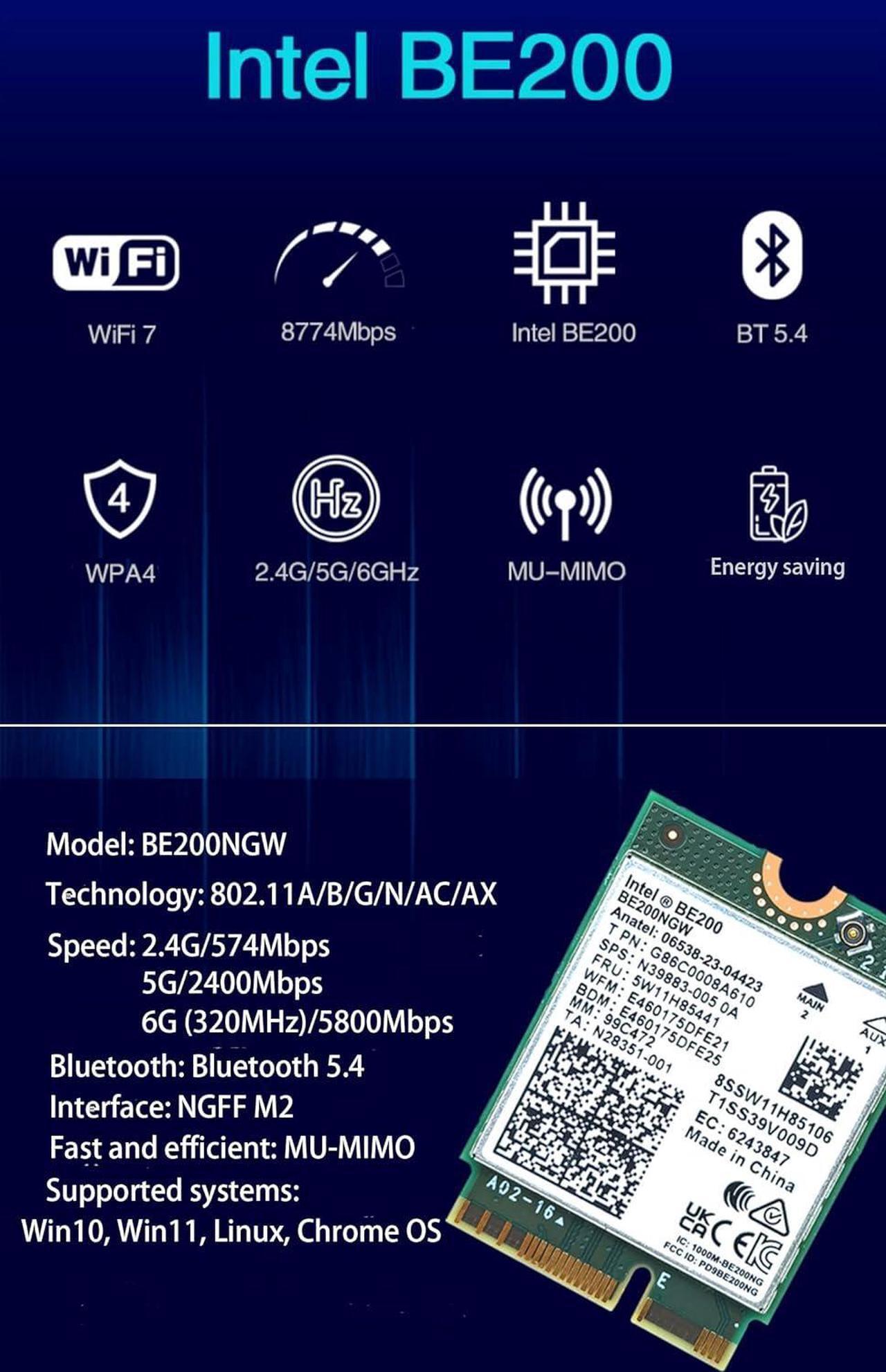 Alt view image 7 of 7 - WiFi 7 BE200 NGW Wireless Card, Tri-Band 6GHz/5GHz/2.4GHz M.2 NGFF Bluetooth 5.4, Support Windows 10/11(64 bit)/Linux, Not Support AMD. (Single Card)