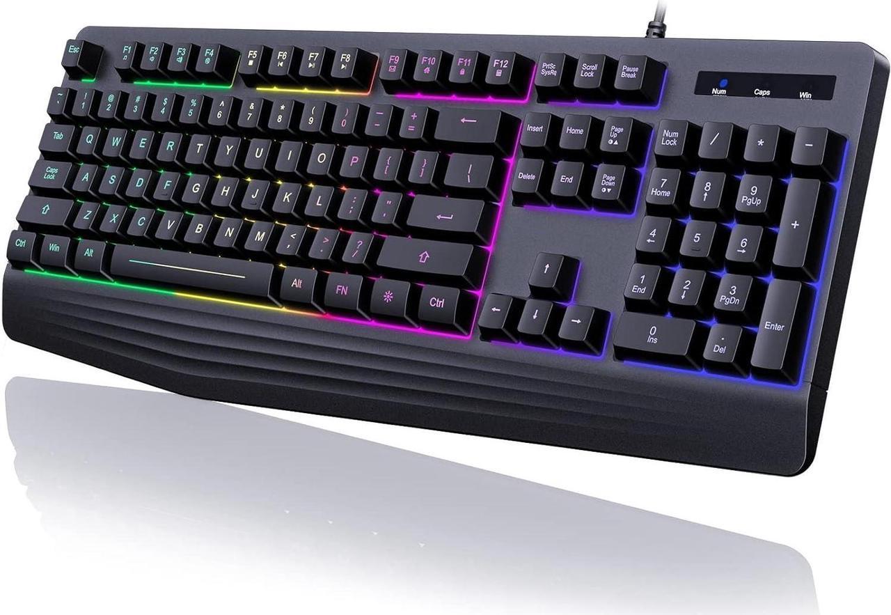 Corn Gaming Keyboard, 7-Color Rainbow LED Backlit, 104 Keys Quiet Light Up Keyboard, Wrist Rest, Whisper Silent, Anti-ghosting Multimedia Keys, Waterproof USB Wired Keyboard for PC Mac Xbox