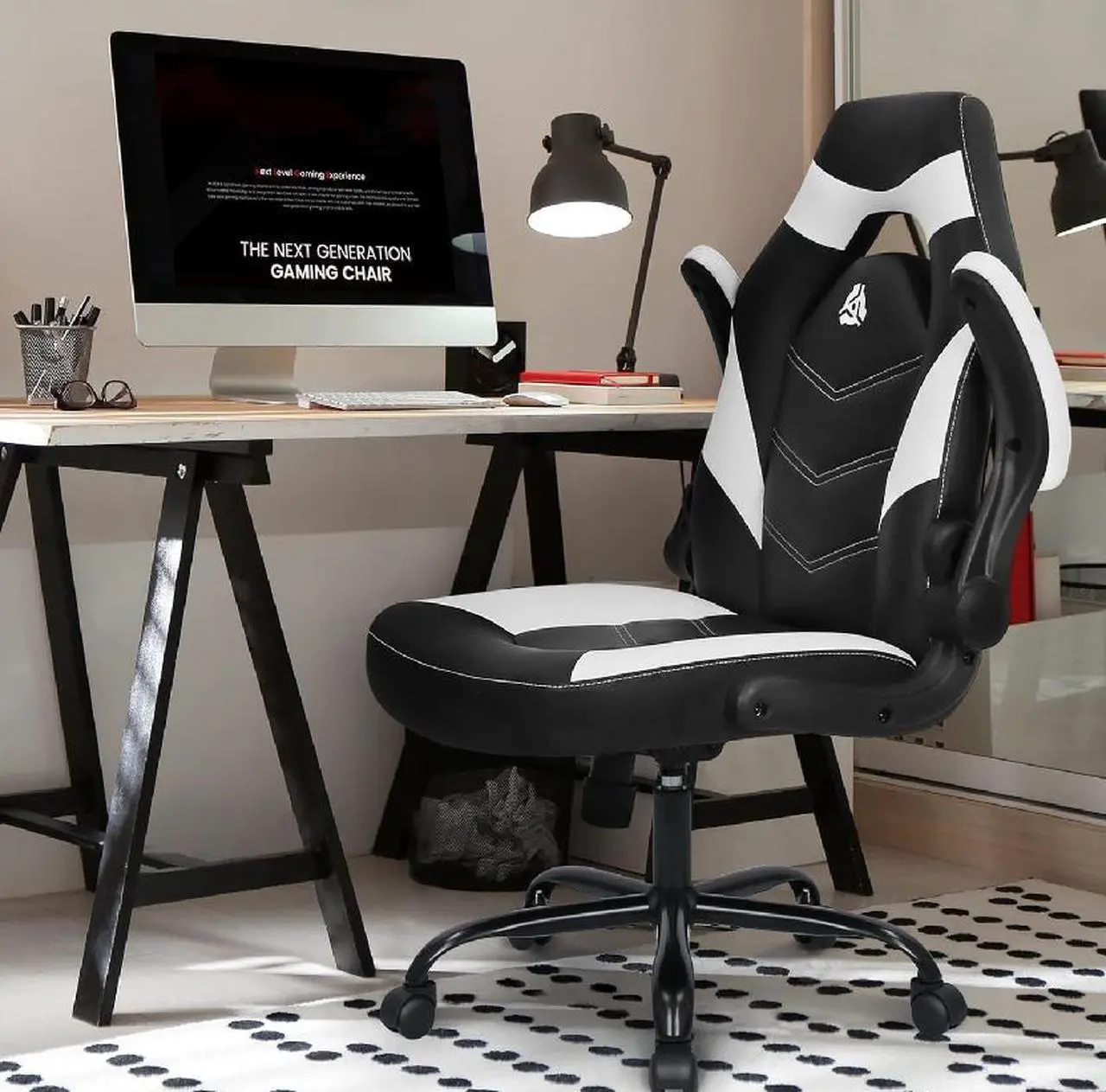 Alt view image 4 of 5 - Video Gaming Computer Chair Ergonomic Office Chair Desk Chair with Lumbar Support Flip Up Arms Adjustable Height Swivel PU Leather Executive with Wheels for Adults Women Men (White)