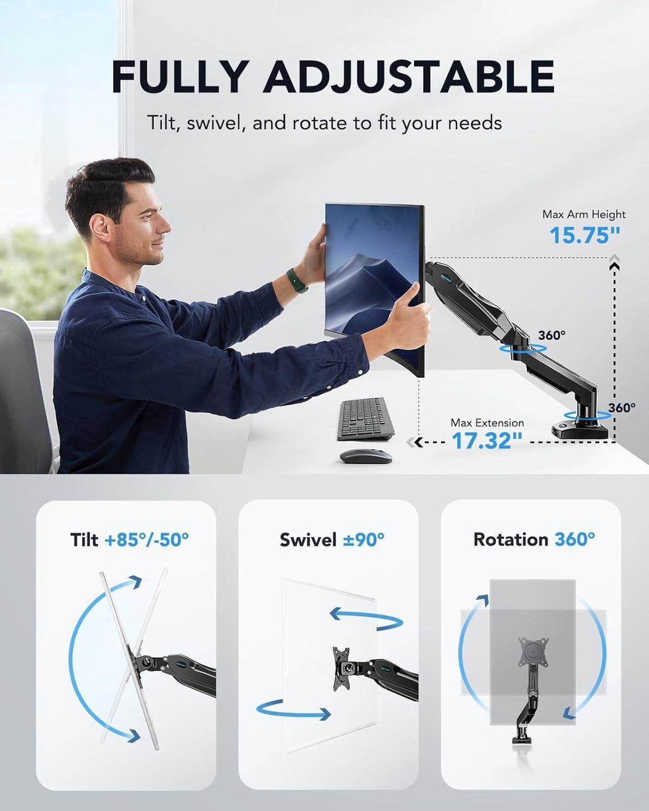 Alt view image 3 of 4 - Single Monitor Mount, 13 to 32 Inch Gas Monitor Arm, Adjustable Stand, Mount with Clamp and Grommet Base - Fits up to 22 lbs LCD Computer Monitors with cable mangerment and USB C