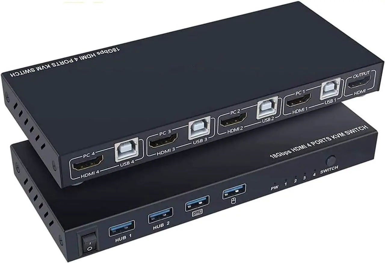 Main image of KVM Switch HDMI 4 Port Box, AIMOS HDMI 2.0 KVM Switcher Support Wireless Keyboard and Mouse Connections and with USB Hub Port, UHD 4K@60Hz & 3D & 1080P Supported