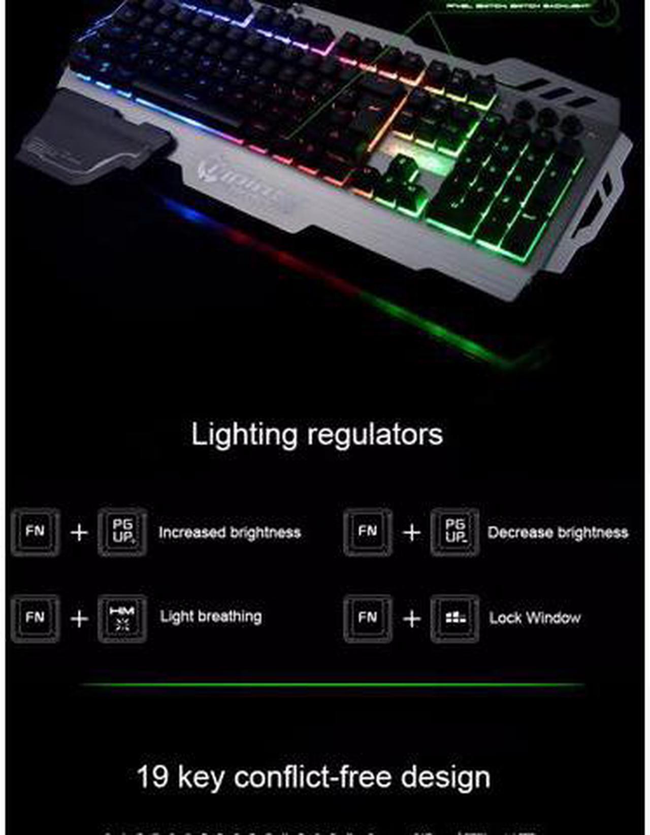Alt view image 5 of 7 - Professional Gaming Keyboard 8 LED Backlit Modes with Phone Holder Mechanical Feeling 104 Keys Waterproof for PC Laptop