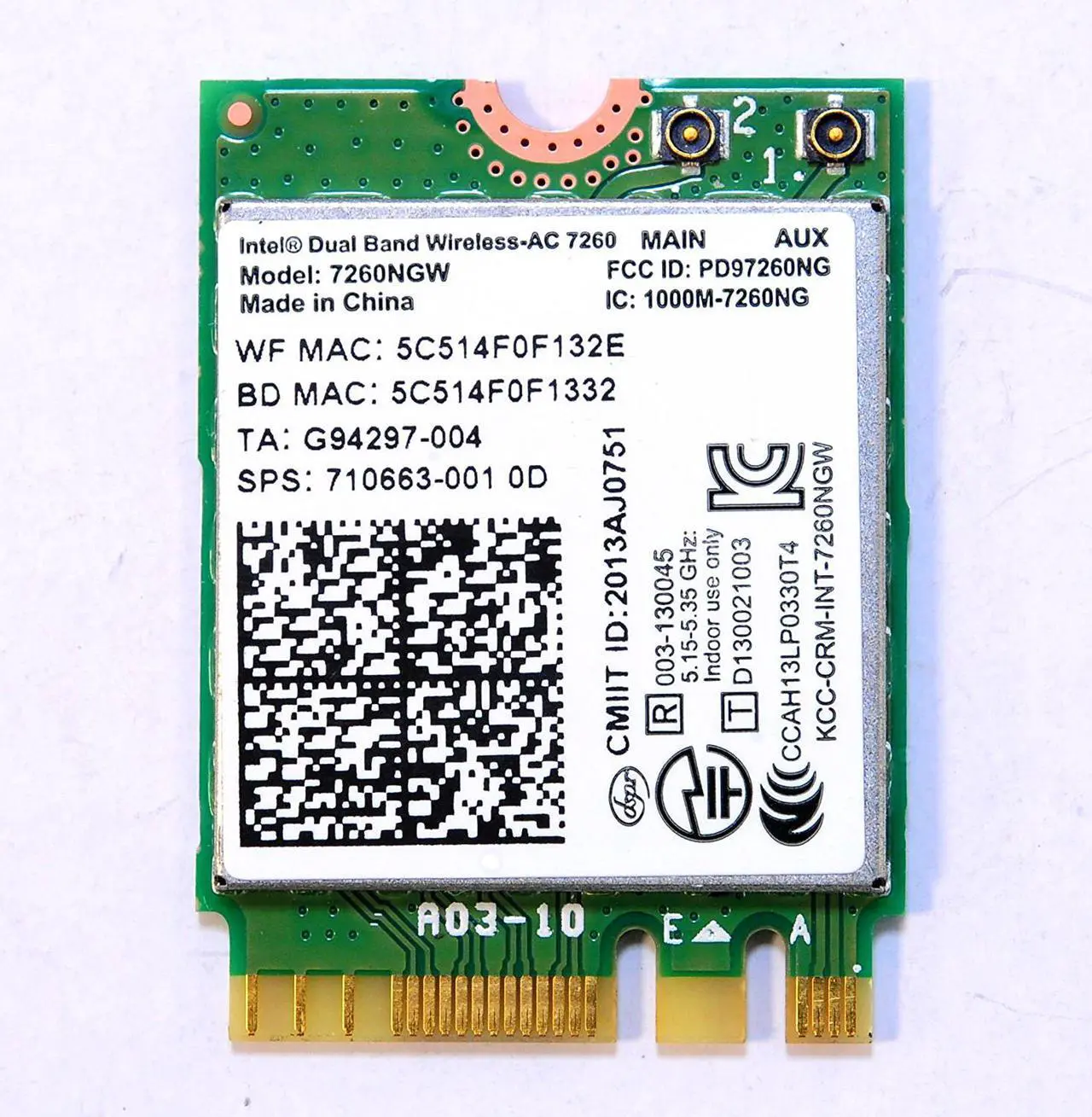 Alt view image 2 of 2 - Intel 7260NGW Dual Band Wireless-AC 7260 802.11ac, Dual Band, 2x2 Wi-Fi and Bluetooth 4.0
