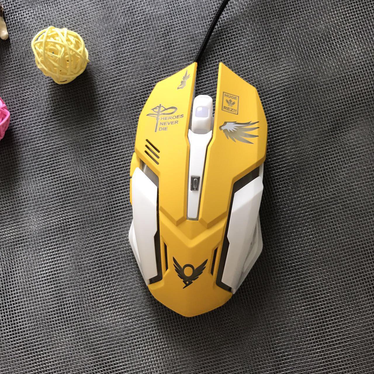 Overwatch OW Mercy Design Cosplay Yellow LED USB Wired 2400DPI 6 Buttons Gaming Mouse