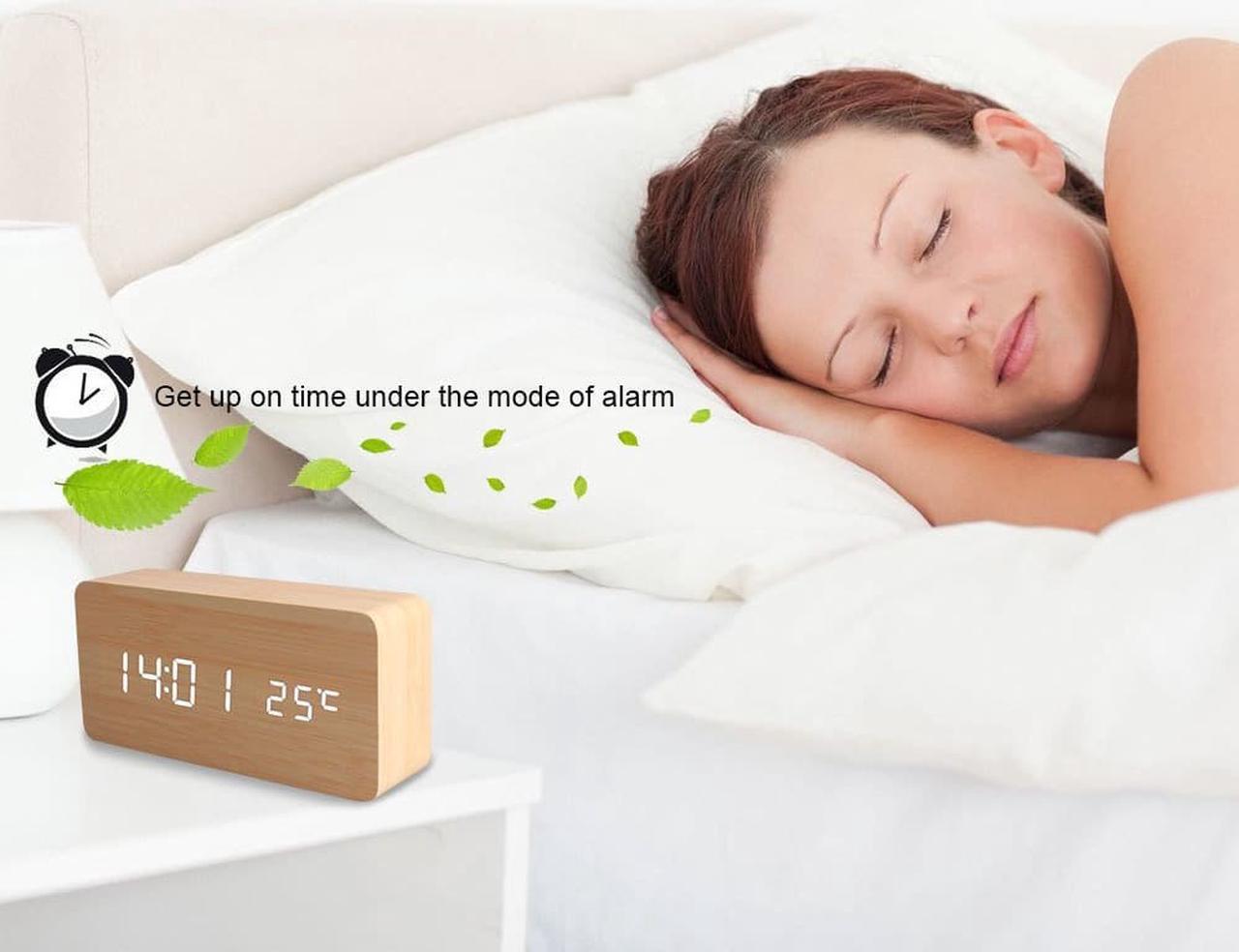 Alt view image 5 of 7 - Wooden Digital Alarm Clock, Leeron Cube Wood-shaped Time Temperature and Sound Control Desk Alarm Clock for Kid, Home, Office, Daily Life, Heavy Sleepers (Wood)