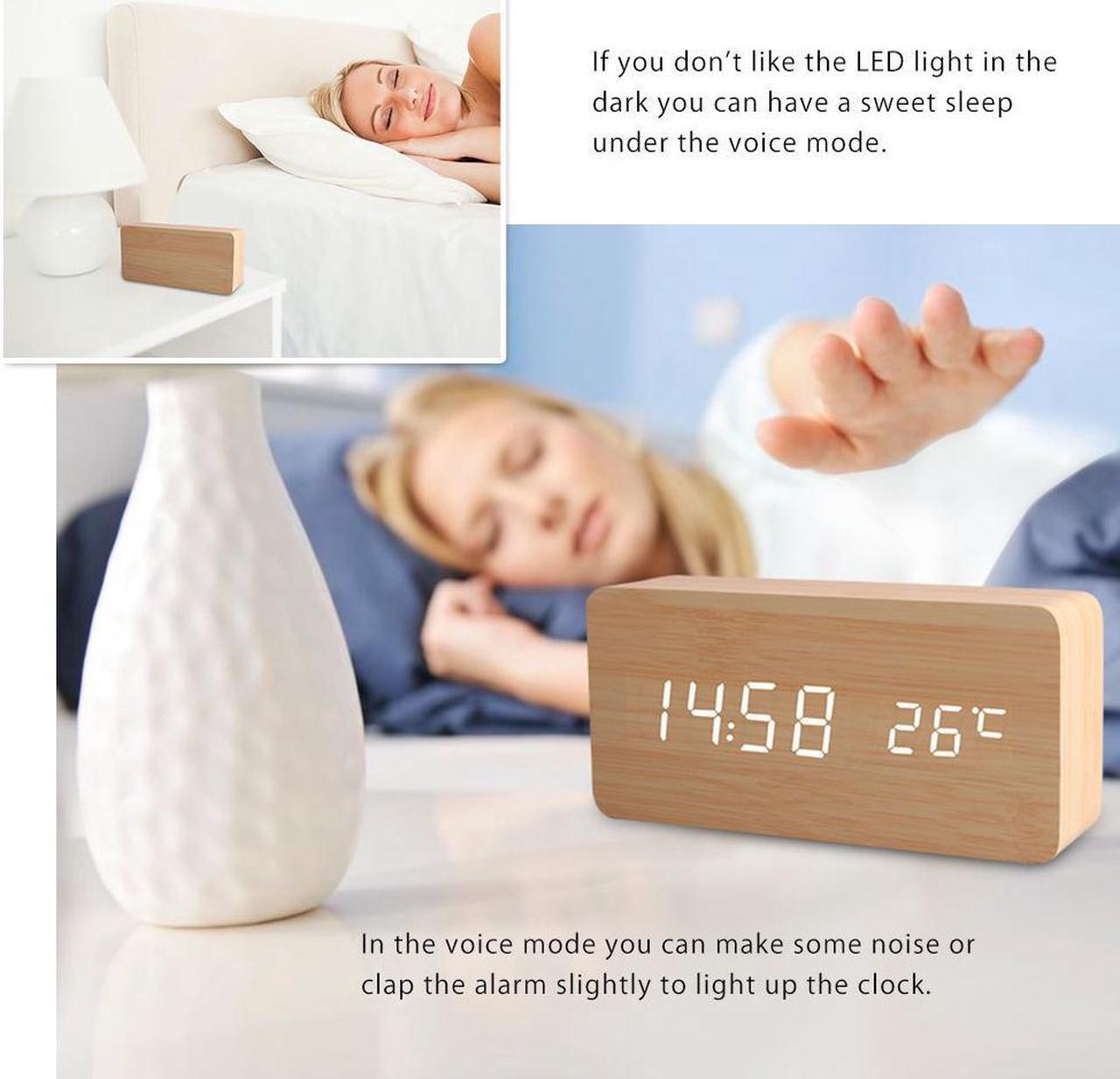 Alt view image 3 of 7 - Wooden Digital Alarm Clock, Leeron Cube Wood-shaped Time Temperature and Sound Control Desk Alarm Clock for Kid, Home, Office, Daily Life, Heavy Sleepers (Wood)