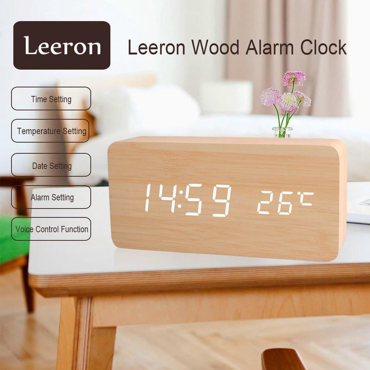 Alt view image 6 of 7 - Wooden Digital Alarm Clock, Leeron Cube Wood-shaped Time Temperature and Sound Control Desk Alarm Clock for Kid, Home, Office, Daily Life, Heavy Sleepers (Wood)
