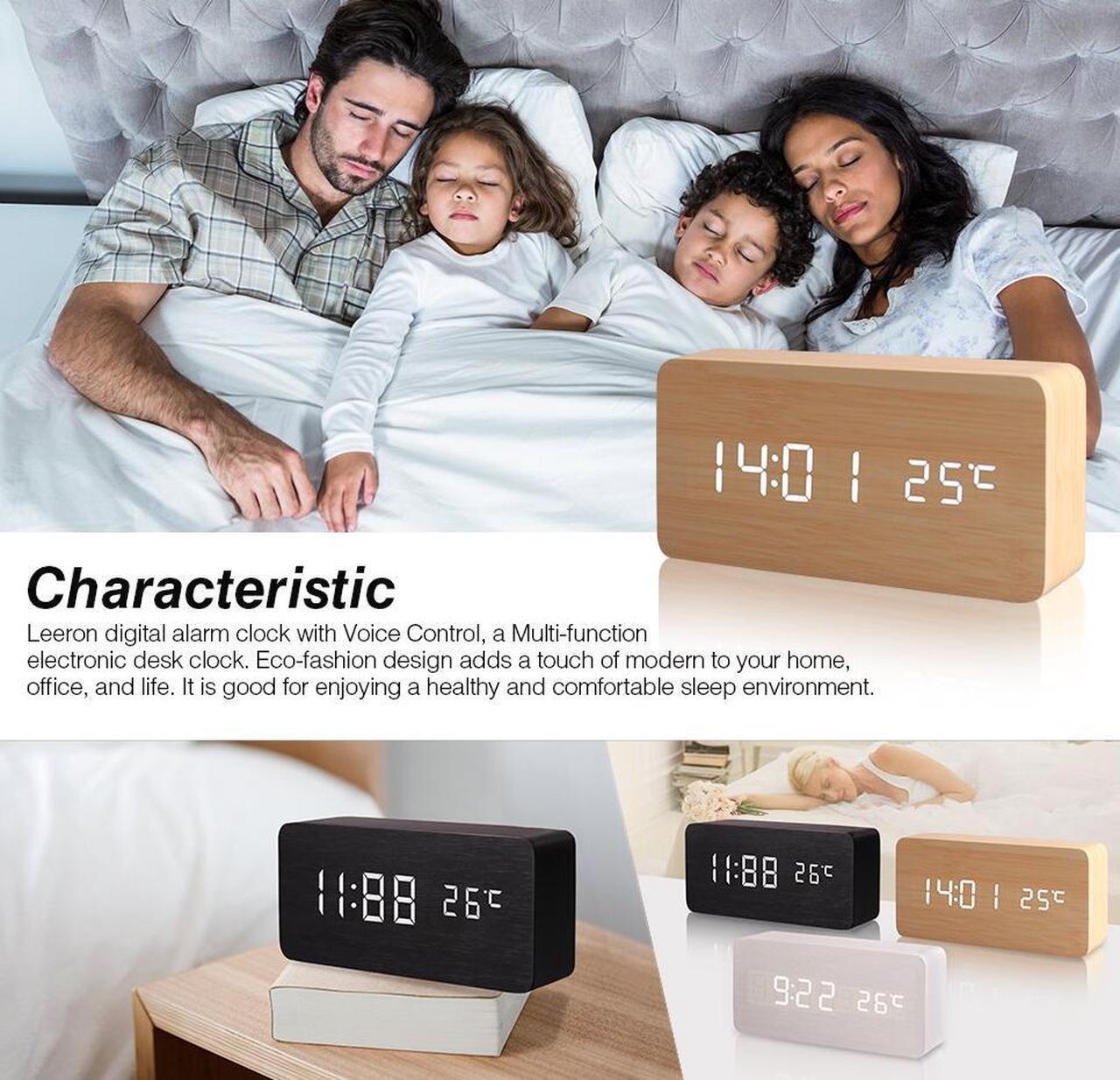 Alt view image 2 of 7 - Wooden Digital Alarm Clock, Leeron Cube Wood-shaped Time Temperature and Sound Control Desk Alarm Clock for Kid, Home, Office, Daily Life, Heavy Sleepers (Wood)
