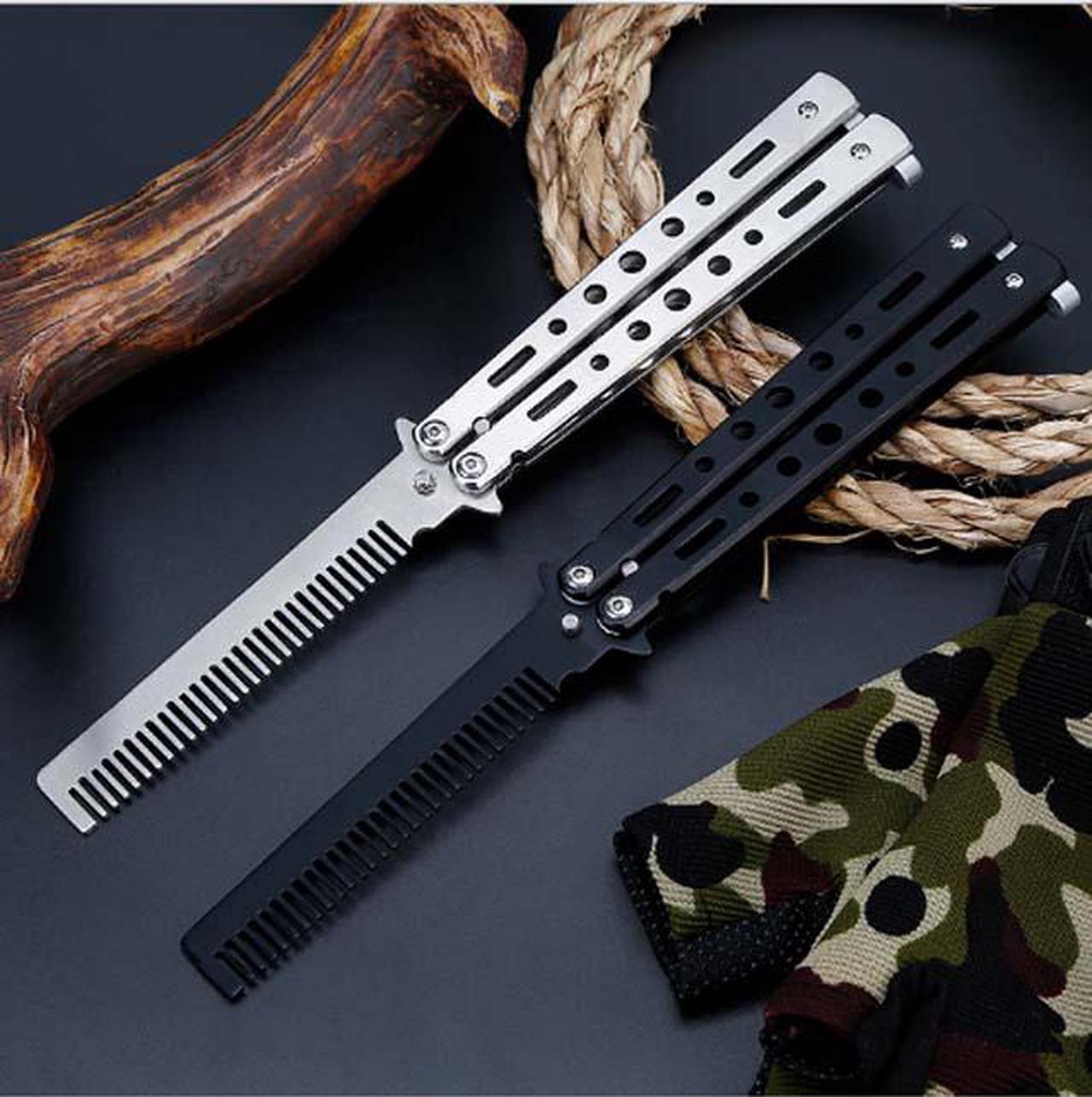 Alt view image 2 of 6 - CORN Black Silver Stainless Steel Practice Butterfly In Knife Balisong Trainer Training Folding Knife Dull Tool Outdoor Camping Comb