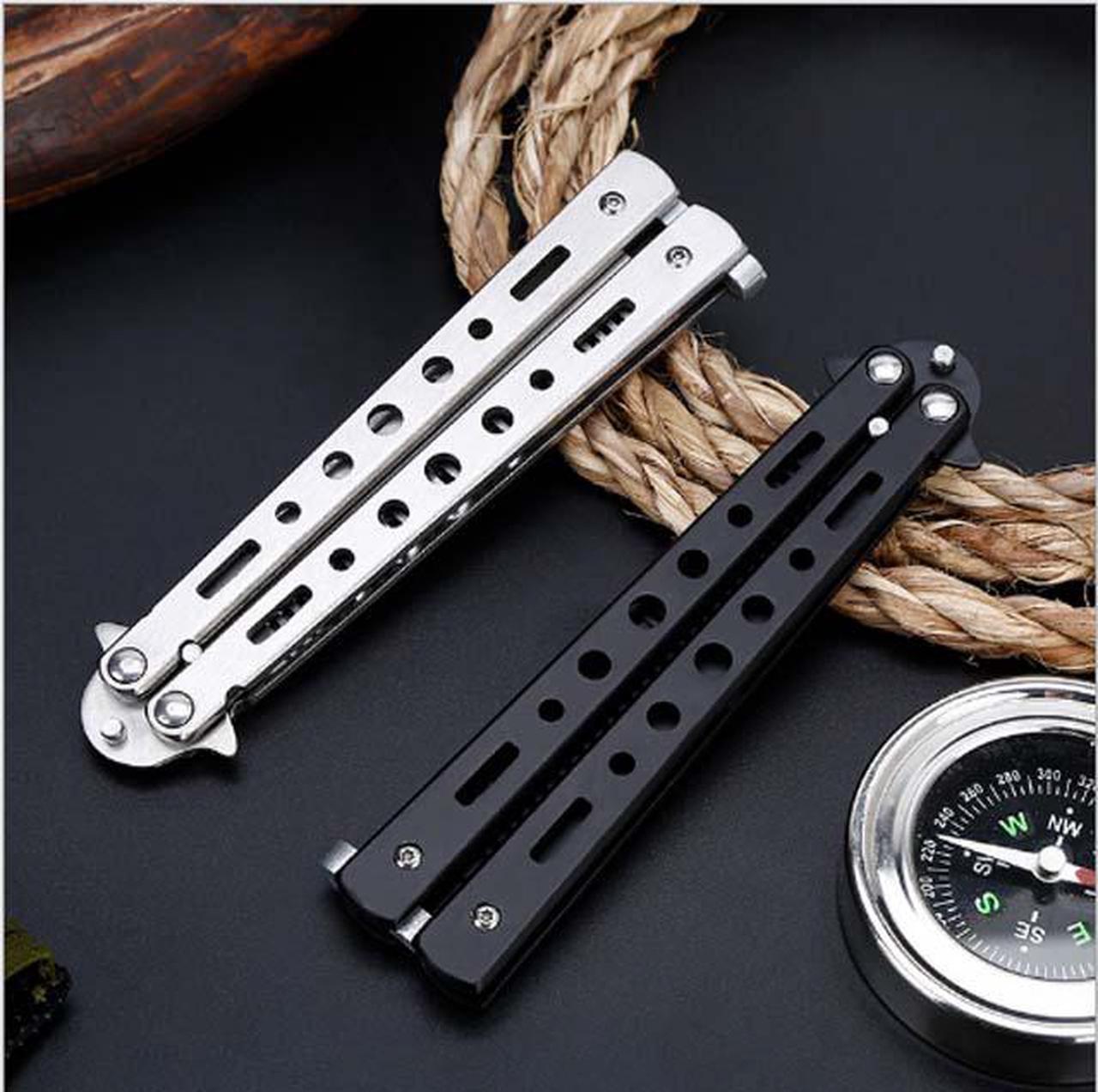 Alt view image 3 of 6 - CORN Black Silver Stainless Steel Practice Butterfly In Knife Balisong Trainer Training Folding Knife Dull Tool Outdoor Camping Comb