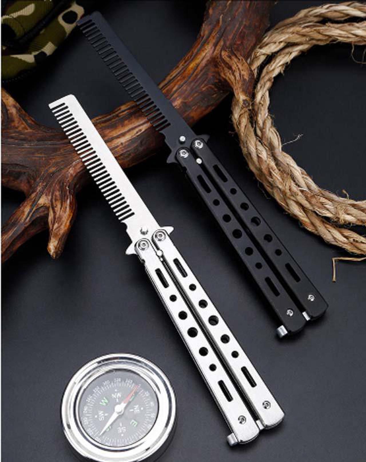 Alt view image 4 of 6 - CORN Black Silver Stainless Steel Practice Butterfly In Knife Balisong Trainer Training Folding Knife Dull Tool Outdoor Camping Comb