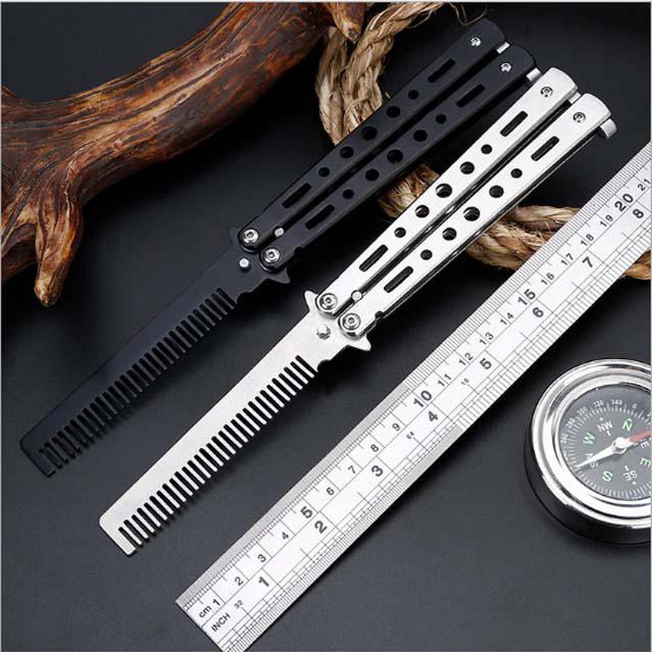 Alt view image 6 of 6 - CORN Black Silver Stainless Steel Practice Butterfly In Knife Balisong Trainer Training Folding Knife Dull Tool Outdoor Camping Comb
