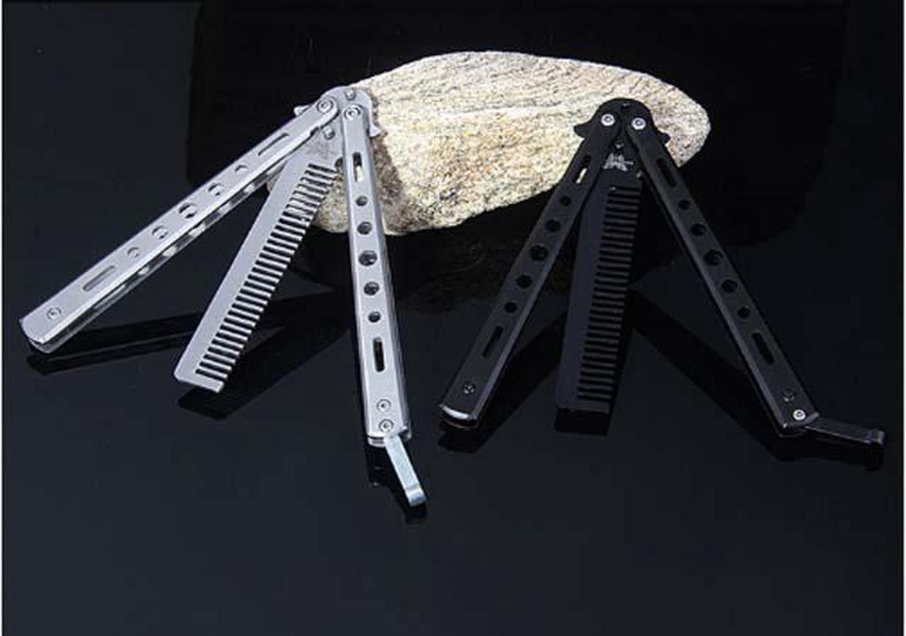 Alt view image 5 of 6 - CORN Black Silver Stainless Steel Practice Butterfly In Knife Balisong Trainer Training Folding Knife Dull Tool Outdoor Camping Comb