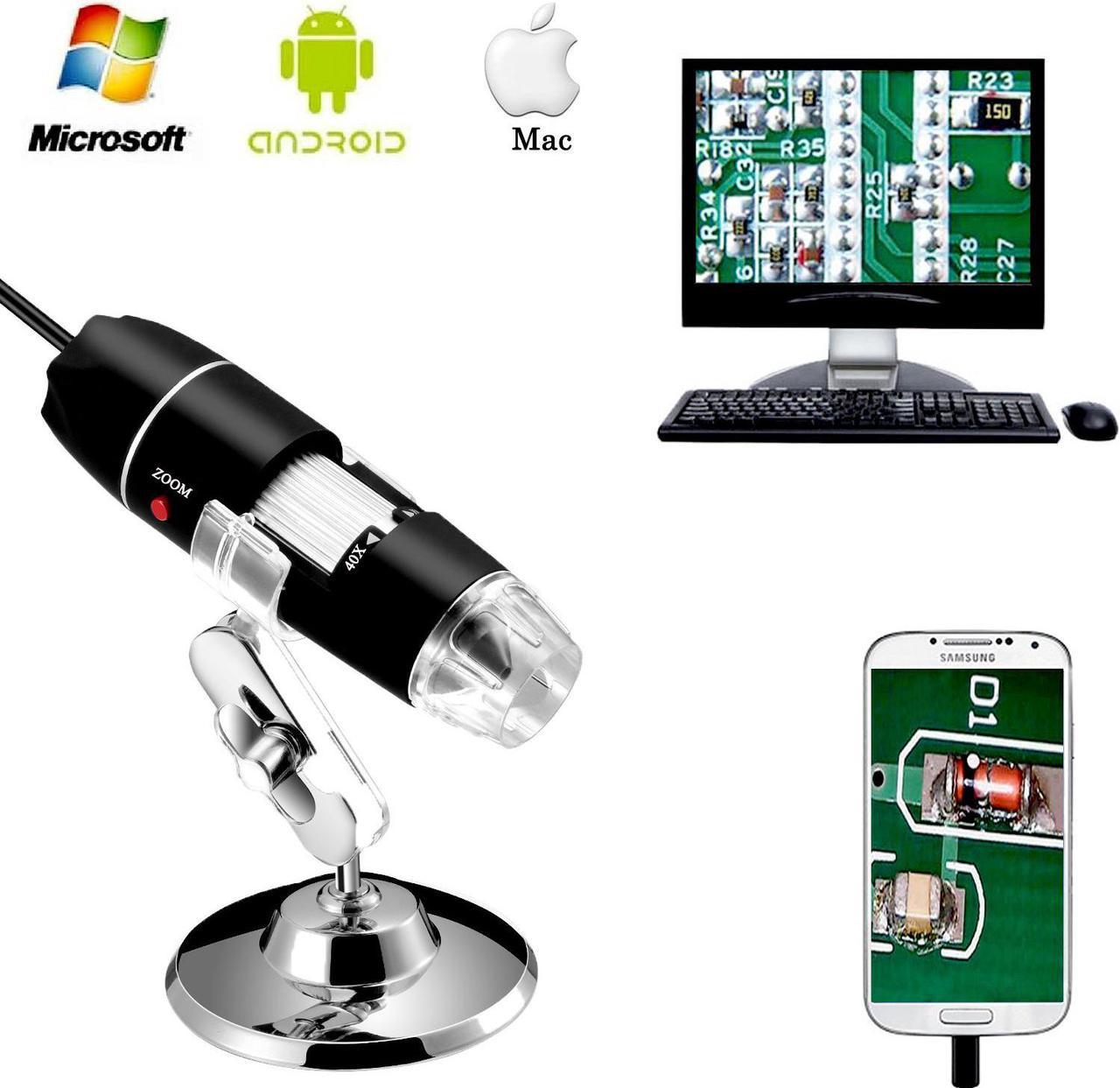 CORN 40 to 1000x Magnification Endoscope 2MP 8 LED USB 2.0 Digital Microscope Mini Camera with Metal Stand Compatible with Mac 10.5/Win7/8/10/Android with OTG/Linux