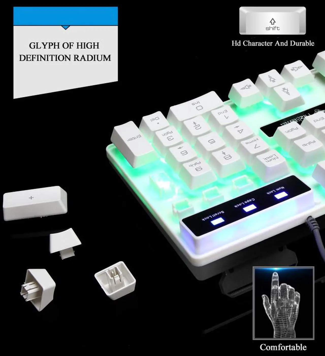 Alt view image 3 of 7 - Mechanical Feeling As Same As Brown Switch,CORN Rainbow Backlit Waterproof Wired Gaming eyboard And 3200 DPI 4 Color Mouse Combo - White