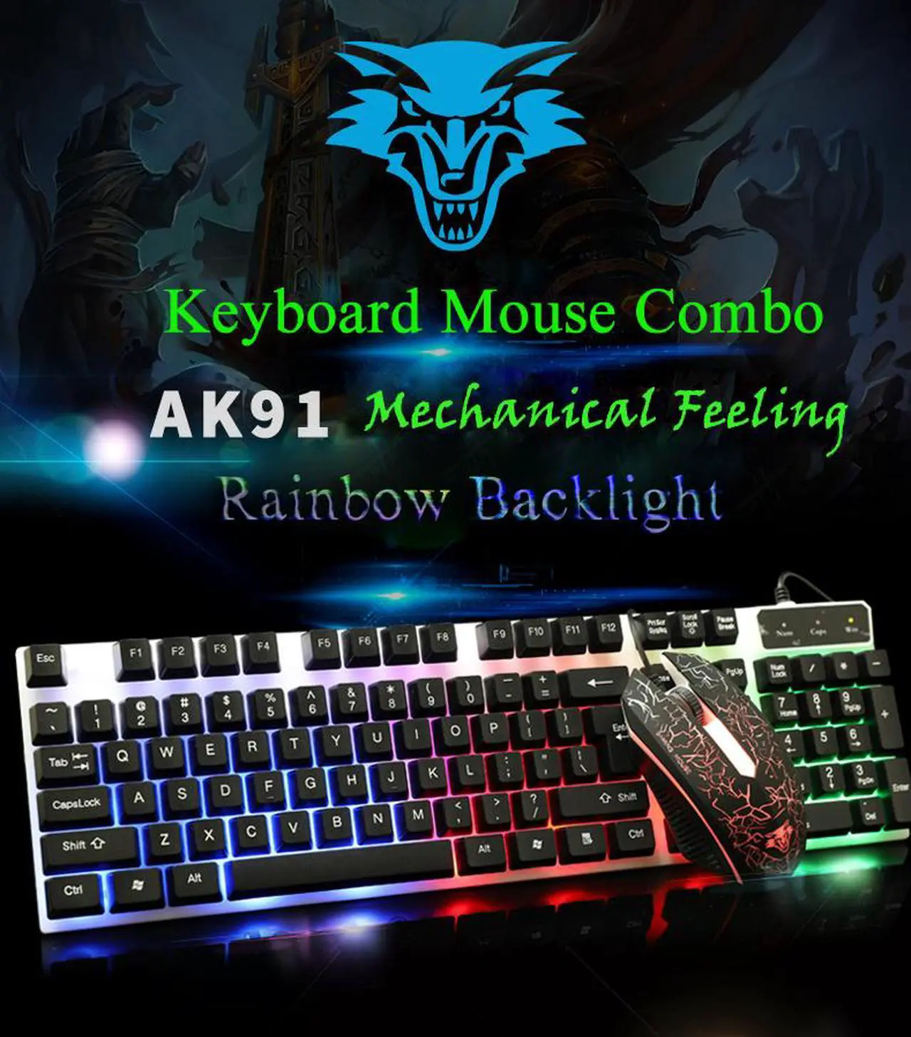 Alt view image 7 of 7 - Mechanical Feeling As Same As Brown Switch,CORN Rainbow Backlit Waterproof Wired Gaming eyboard And 3200 DPI 4 Color Mouse Combo - White