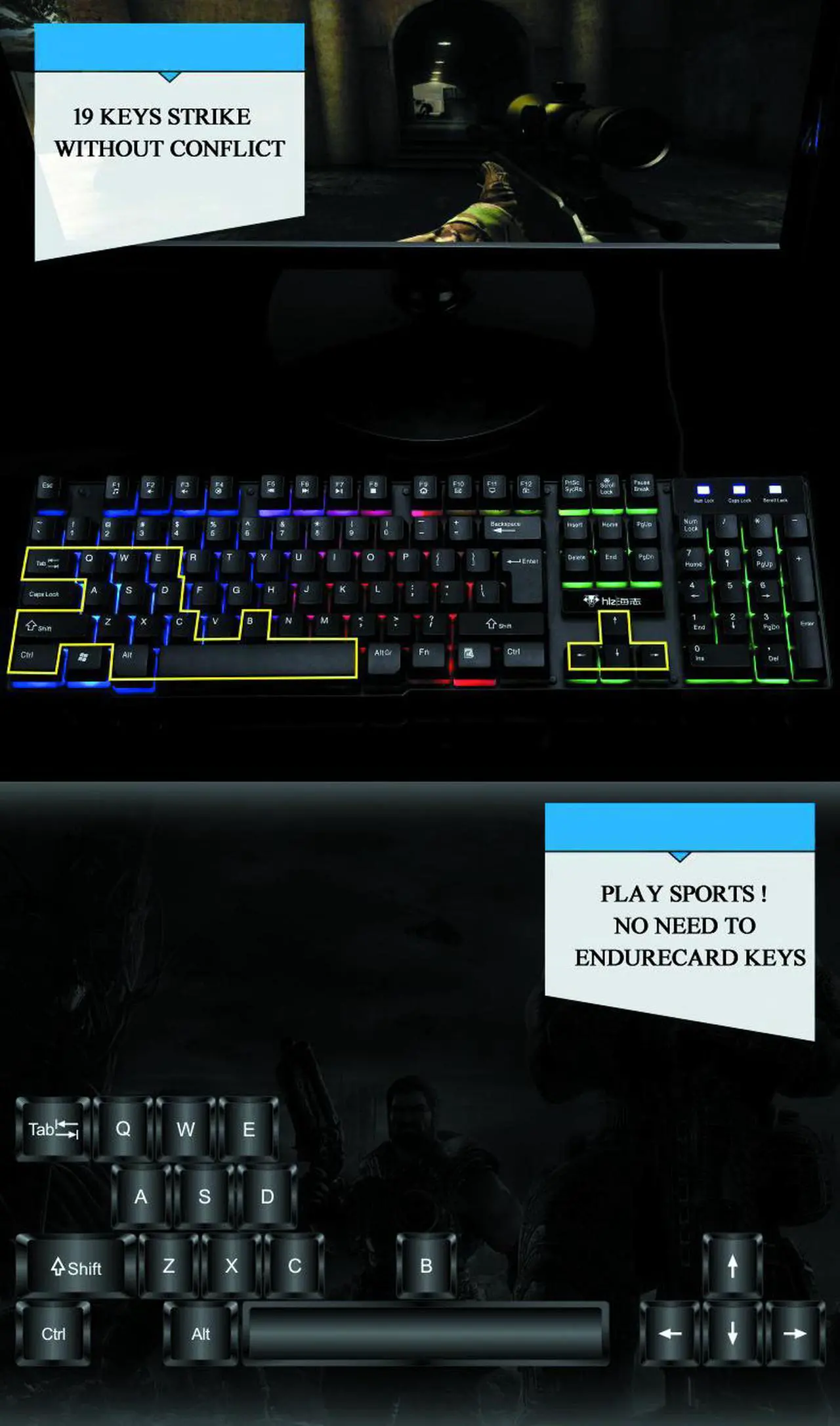 Alt view image 5 of 7 - Mechanical Feeling As Same As Brown Switch,CORN Rainbow Backlit Waterproof Wired Gaming eyboard And 3200 DPI 4 Color Mouse Combo - White