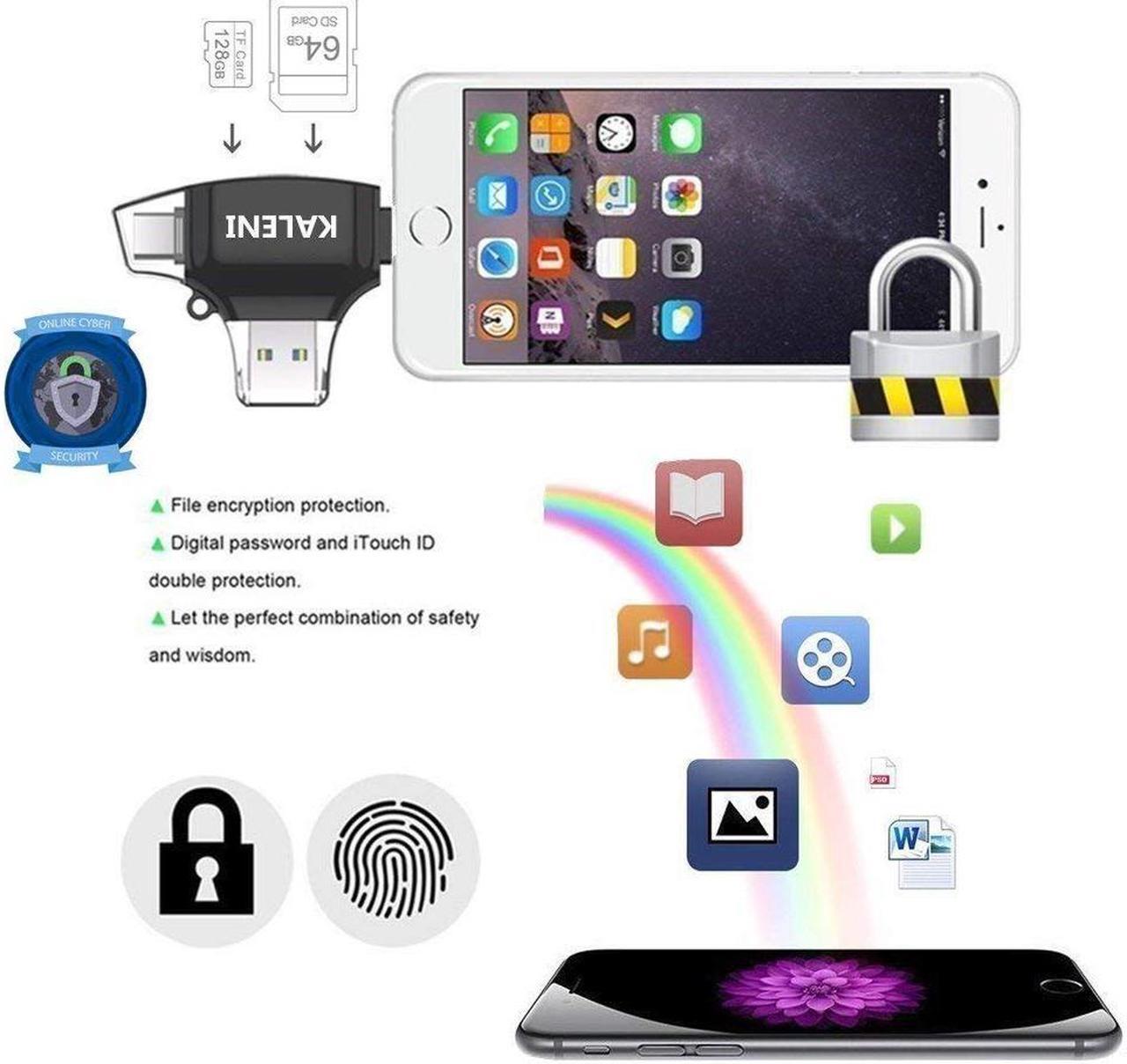 Alt view image 2 of 7 - KALENI SD Card Reader, Memory Micro SD Card Reader USB Type C Adapter Viewer for iPhone iPad Android Mac - Supports Lightning Micro USB Type C 4 in 1 (black)