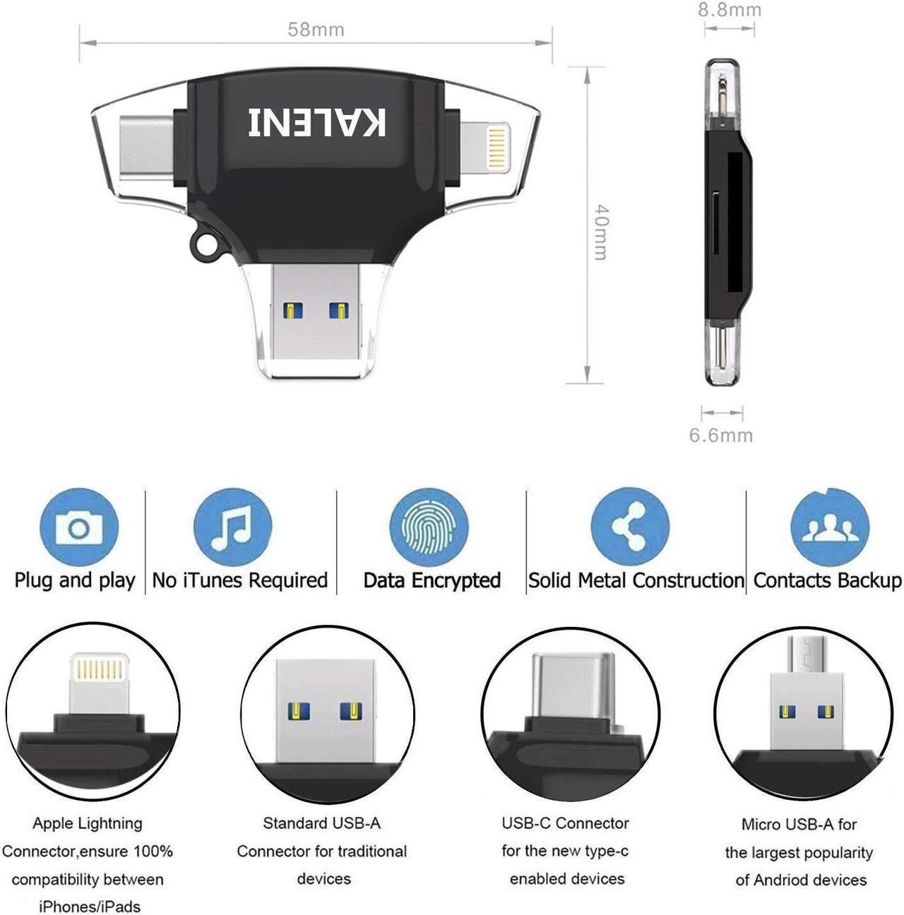Alt view image 4 of 7 - KALENI SD Card Reader, Memory Micro SD Card Reader USB Type C Adapter Viewer for iPhone iPad Android Mac - Supports Lightning Micro USB Type C 4 in 1 (black)