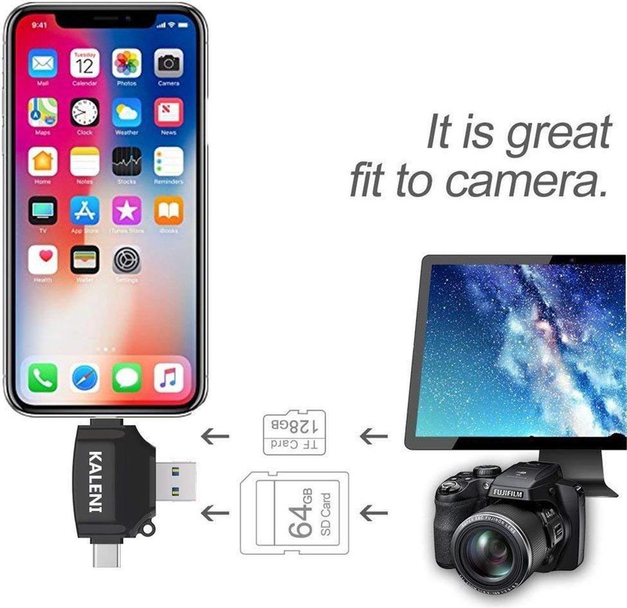 Alt view image 5 of 7 - KALENI SD Card Reader, Memory Micro SD Card Reader USB Type C Adapter Viewer for iPhone iPad Android Mac - Supports Lightning Micro USB Type C 4 in 1 (black)