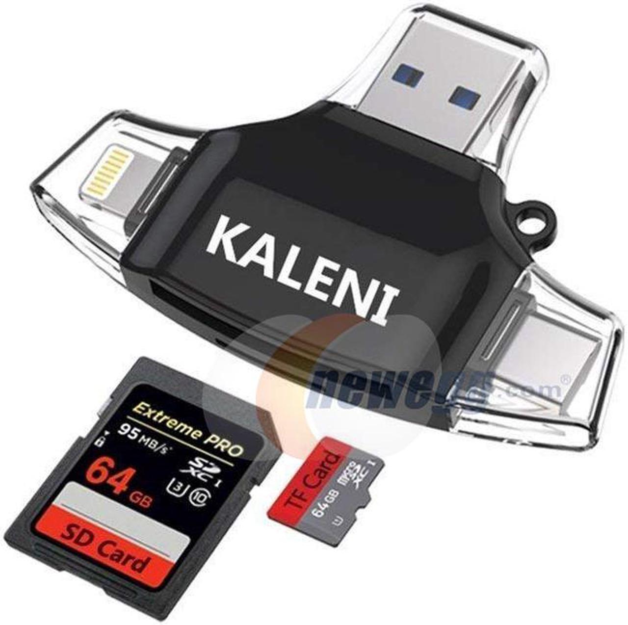Main image of KALENI SD Card Reader, Memory Micro SD Card Reader USB Type C Adapter Viewer for iPhone iPad Android Mac - Supports Lightning Micro USB Type C 4 in 1 (black)