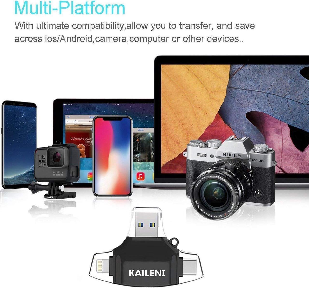 Alt view image 6 of 7 - KALENI SD Card Reader, Memory Micro SD Card Reader USB Type C Adapter Viewer for iPhone iPad Android Mac - Supports Lightning Micro USB Type C 4 in 1 (black)