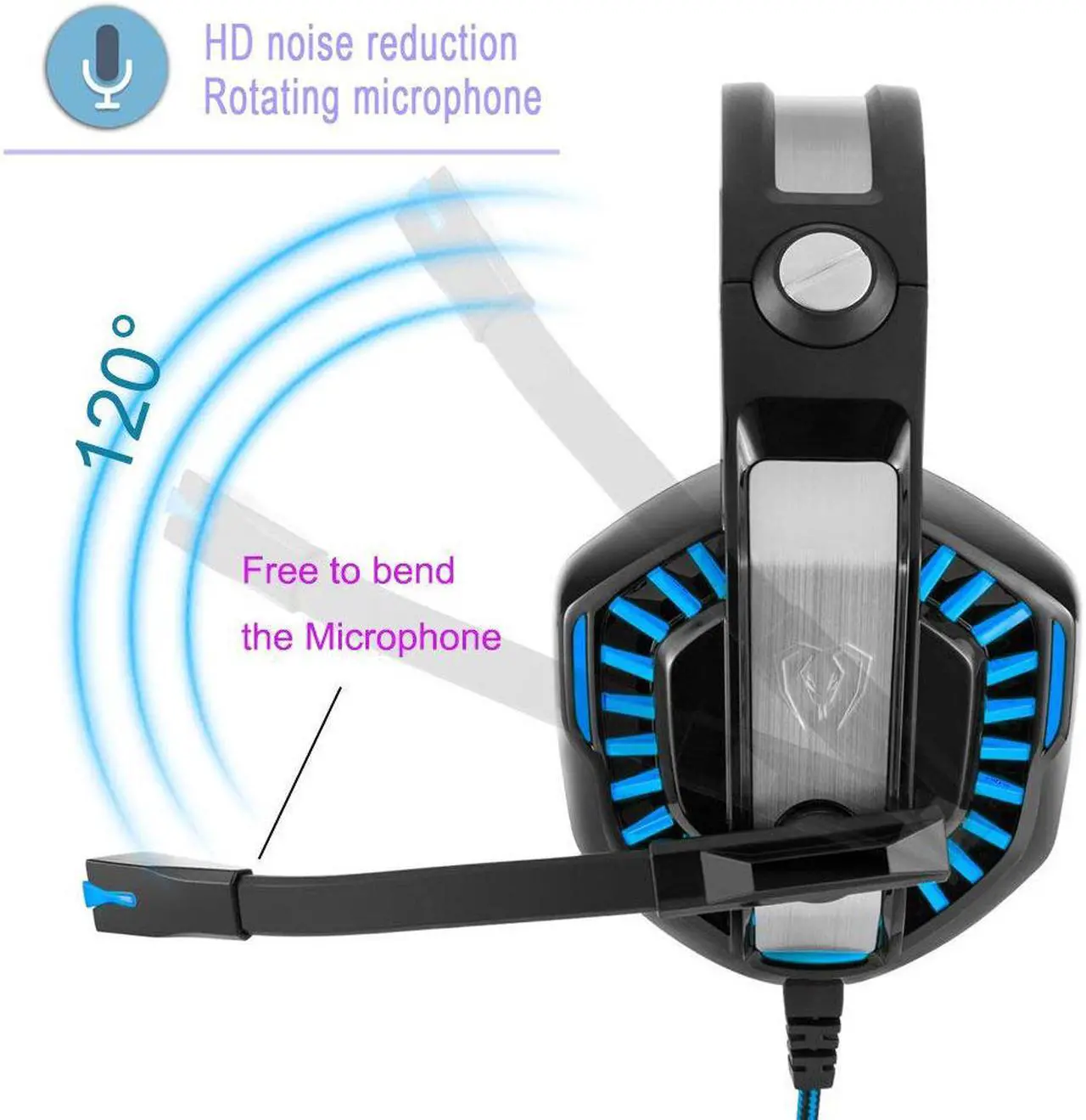 Alt view image 2 of 7 - Beexcellent GM-2 Pro Gaming Over-Ear Headset with Mic, LED Lights and Volume Control Stereo Bass, Noise Cancelling, 3.5mm, for PS4 Xbox One, Laptop, PC, Tablet, Most Smartphones (Blue)