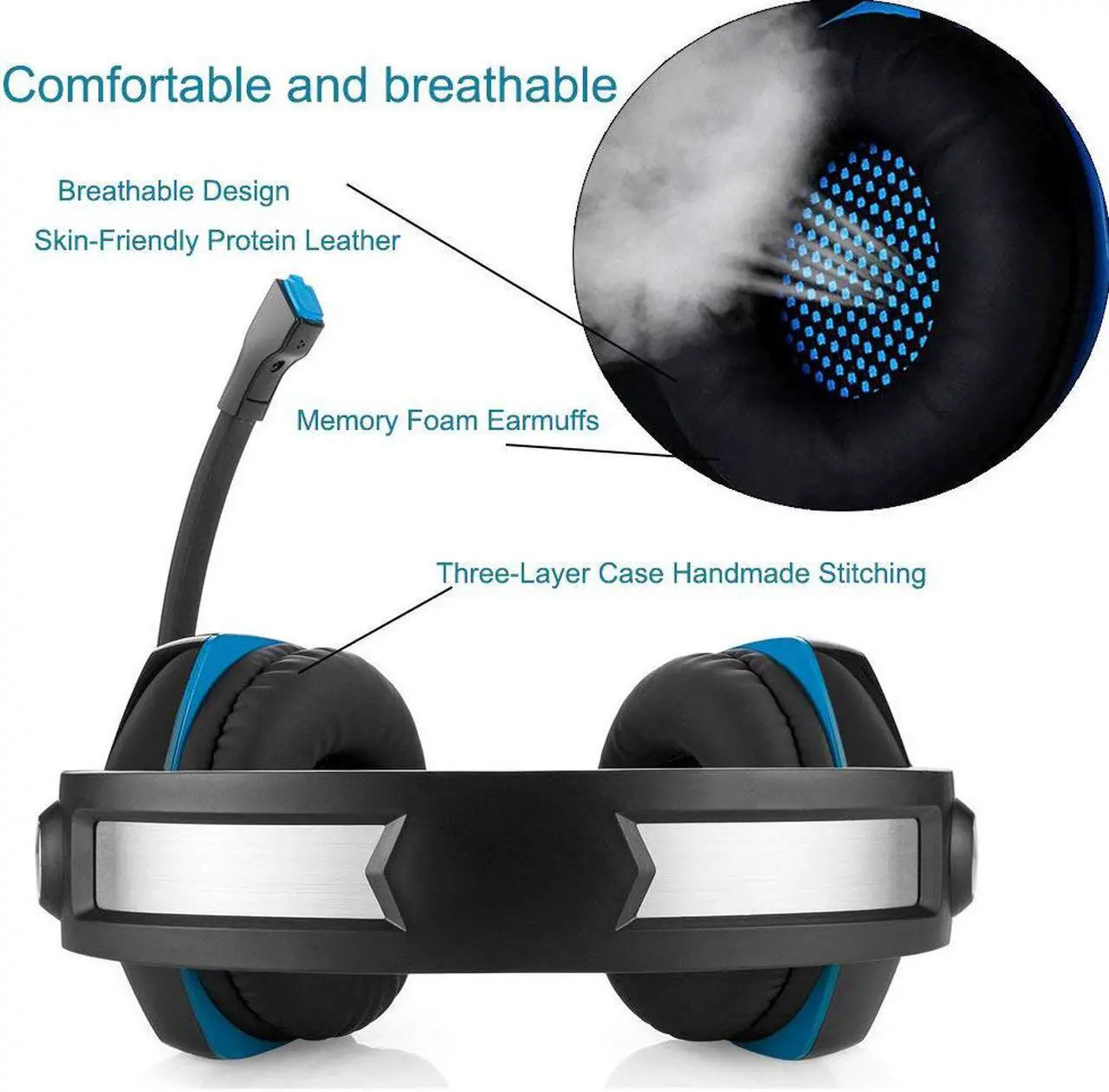 Alt view image 3 of 7 - Beexcellent GM-2 Pro Gaming Over-Ear Headset with Mic, LED Lights and Volume Control Stereo Bass, Noise Cancelling, 3.5mm, for PS4 Xbox One, Laptop, PC, Tablet, Most Smartphones (Blue)