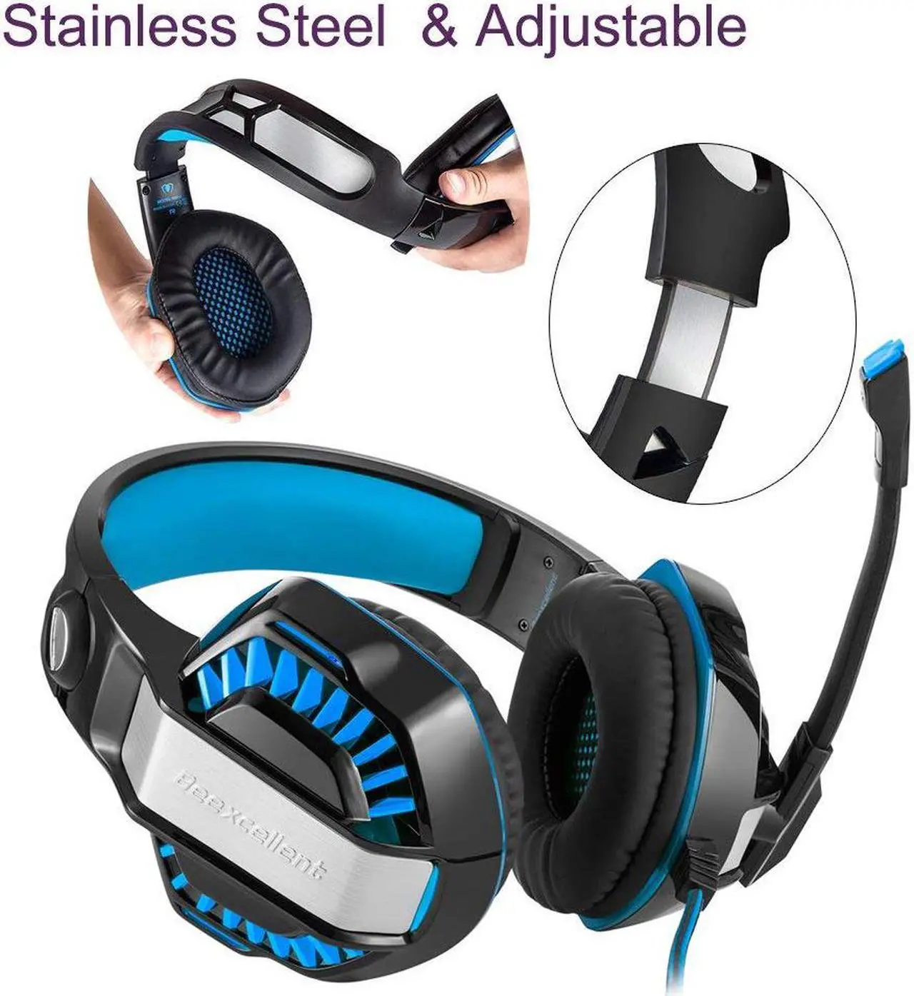 Alt view image 4 of 7 - Beexcellent GM-2 Pro Gaming Over-Ear Headset with Mic, LED Lights and Volume Control Stereo Bass, Noise Cancelling, 3.5mm, for PS4 Xbox One, Laptop, PC, Tablet, Most Smartphones (Blue)