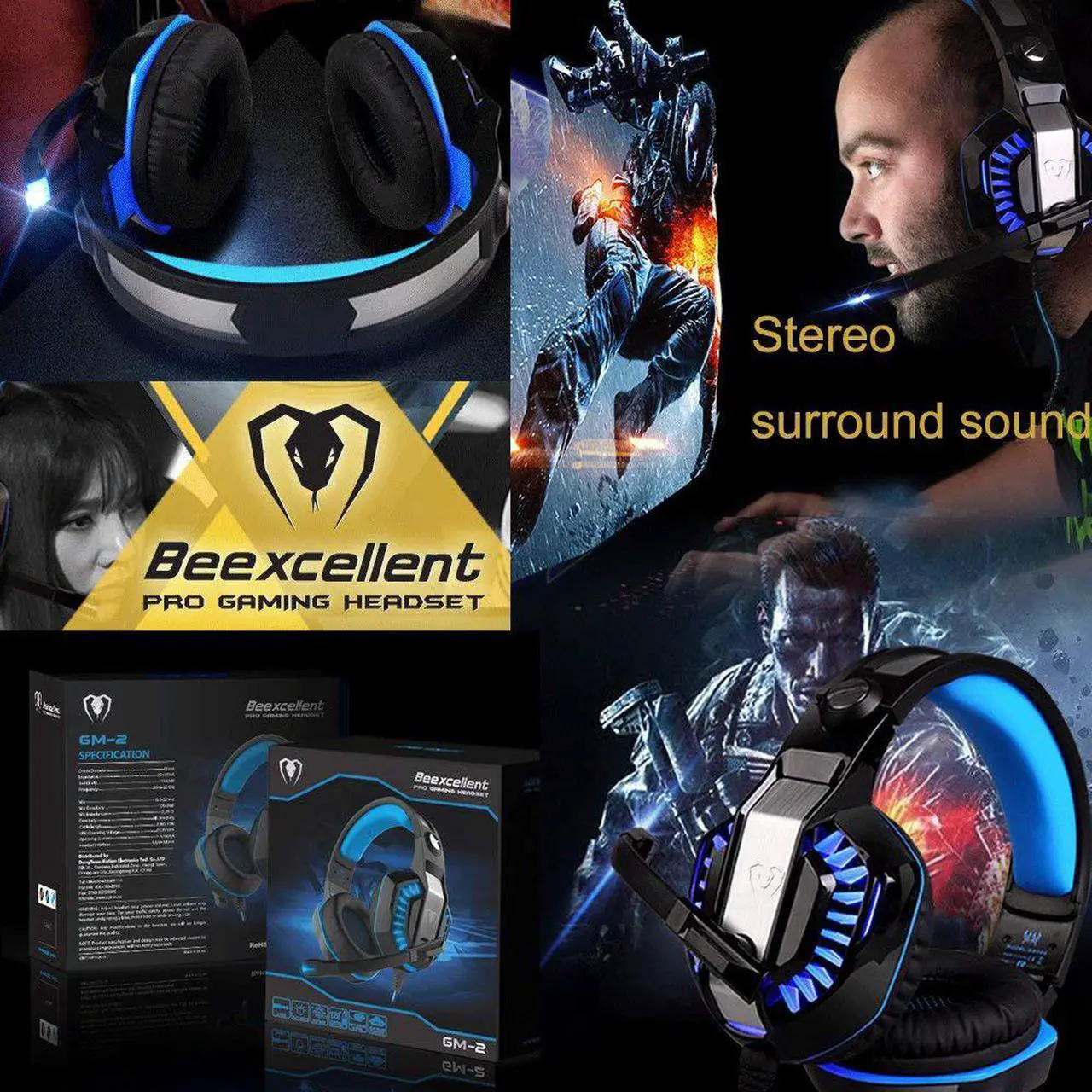 Alt view image 6 of 7 - Beexcellent GM-2 Pro Gaming Over-Ear Headset with Mic, LED Lights and Volume Control Stereo Bass, Noise Cancelling, 3.5mm, for PS4 Xbox One, Laptop, PC, Tablet, Most Smartphones (Blue)