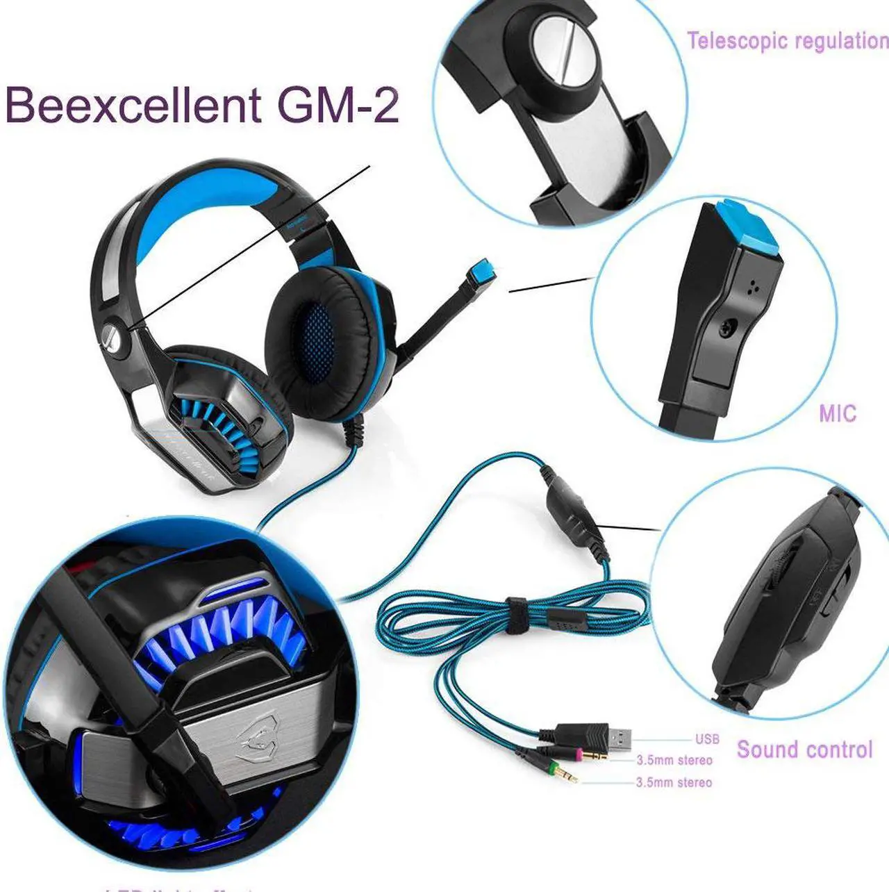 Alt view image 5 of 7 - Beexcellent GM-2 Pro Gaming Over-Ear Headset with Mic, LED Lights and Volume Control Stereo Bass, Noise Cancelling, 3.5mm, for PS4 Xbox One, Laptop, PC, Tablet, Most Smartphones (Blue)