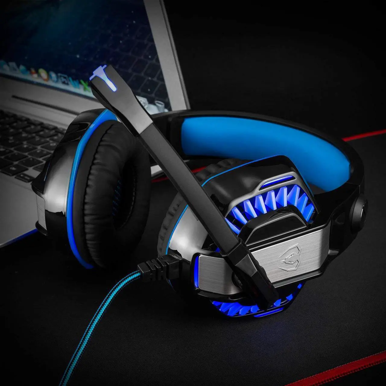 Alt view image 7 of 7 - Beexcellent GM-2 Pro Gaming Over-Ear Headset with Mic, LED Lights and Volume Control Stereo Bass, Noise Cancelling, 3.5mm, for PS4 Xbox One, Laptop, PC, Tablet, Most Smartphones (Blue)