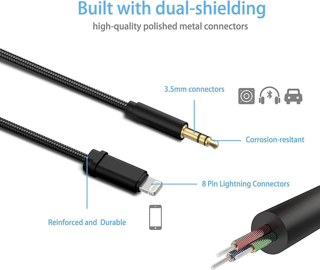 Alt view image 3 of 5 - Lightning to 3.5mm Male Aux Stereo Audio Cable, Supporting iOS 11/10.3 or above, Corn Nylon Car Aux Cable for iPhone X/ 8/ 7 / 7 Plus, iPhone Adapter for Car Home Stereo