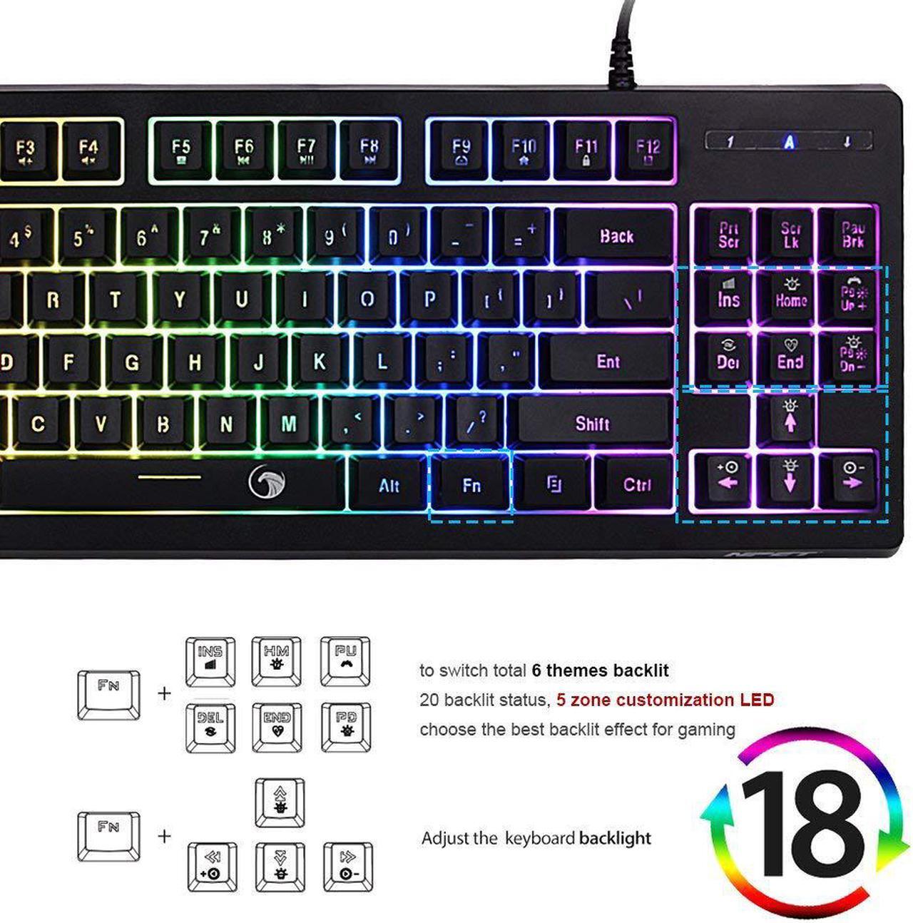 Alt view image 2 of 7 - NPET G11 Gaming Keyboard 87 Keys Small Compact Rainbow Backlit Keyboard, USB Wired Anti-Ghosting and Water Resistant Membrane Keyboard for PC/Laptop/Desktop/Computer