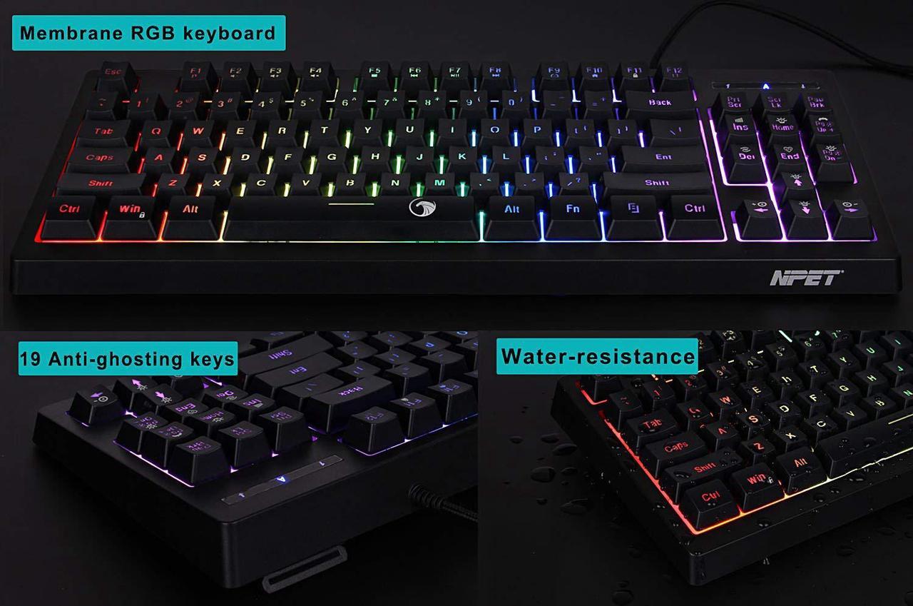 Alt view image 3 of 7 - NPET G11 Gaming Keyboard 87 Keys Small Compact Rainbow Backlit Keyboard, USB Wired Anti-Ghosting and Water Resistant Membrane Keyboard for PC/Laptop/Desktop/Computer