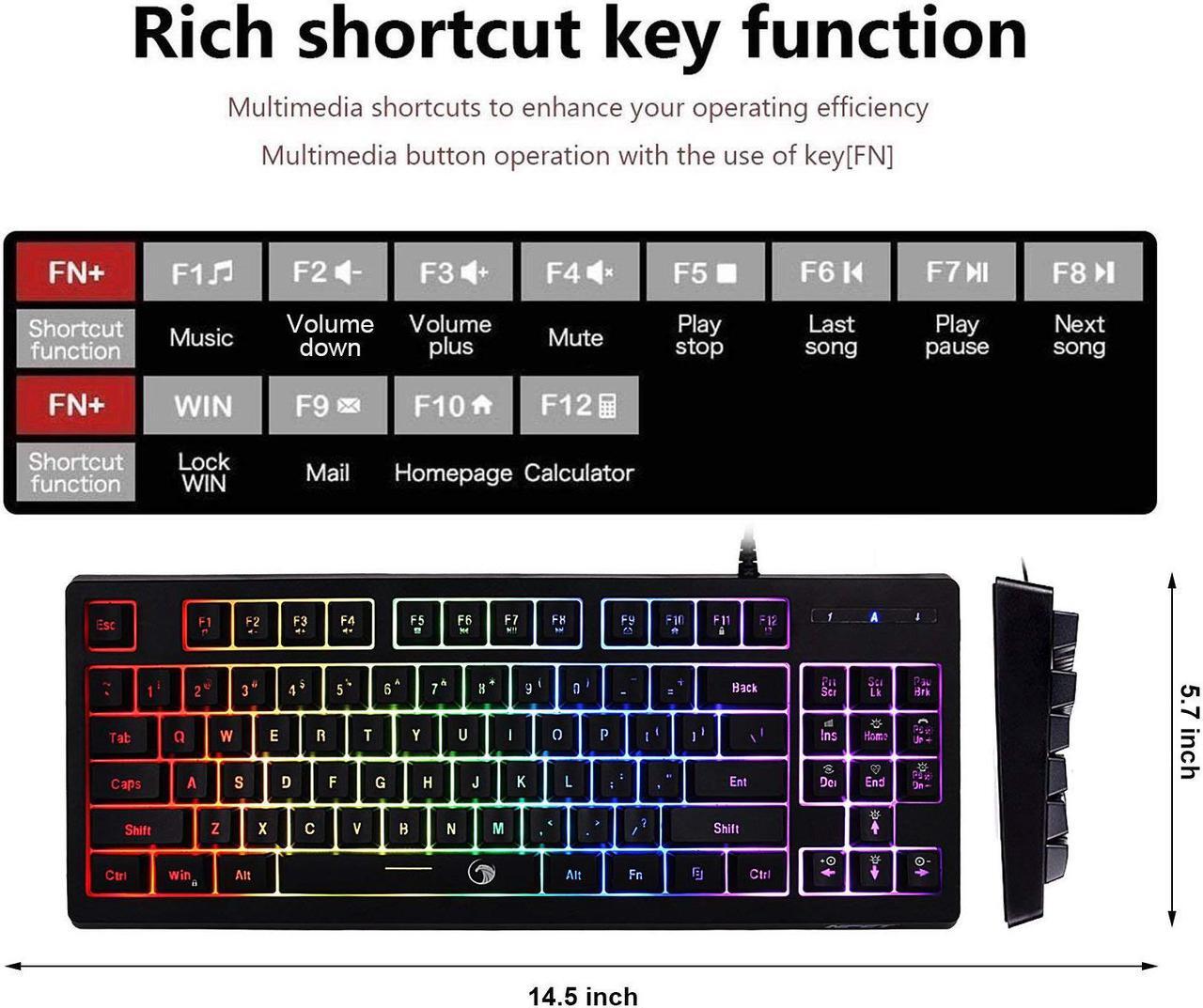 Alt view image 4 of 7 - NPET G11 Gaming Keyboard 87 Keys Small Compact Rainbow Backlit Keyboard, USB Wired Anti-Ghosting and Water Resistant Membrane Keyboard for PC/Laptop/Desktop/Computer