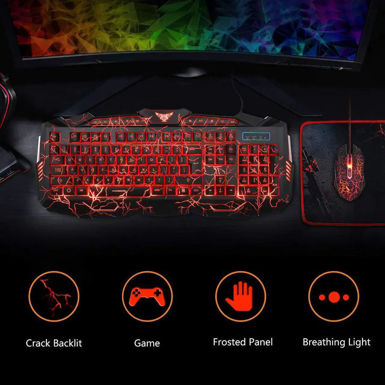 Alt view image 2 of 7 - Crack Backlit Gaming Keyboard and Mouse Combo,BlueFinger 114 Keys USB Wired Mechanical Feeling Keyboard,3 Color Blue/Red/Purple LED Backlit,Keyboard Crack Gaming Mouse Pad for Computer Gamer Office