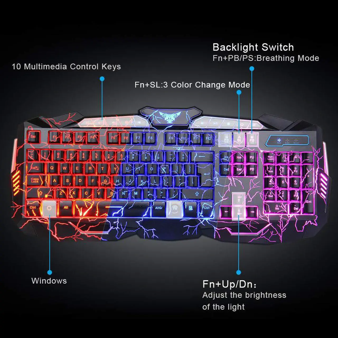 Alt view image 3 of 7 - Crack Backlit Gaming Keyboard and Mouse Combo,BlueFinger 114 Keys USB Wired Mechanical Feeling Keyboard,3 Color Blue/Red/Purple LED Backlit,Keyboard Crack Gaming Mouse Pad for Computer Gamer Office