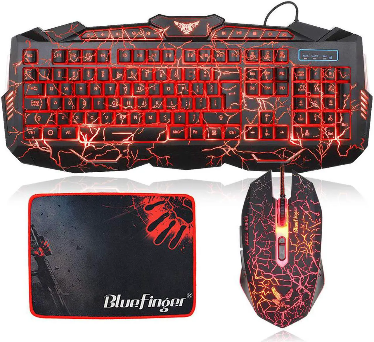 Main image of Crack Backlit Gaming Keyboard and Mouse Combo,BlueFinger 114 Keys USB Wired Mechanical Feeling Keyboard,3 Color Blue/Red/Purple LED Backlit,Keyboard Crack Gaming Mouse Pad for Computer Gamer Office