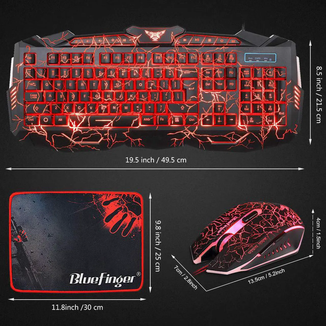 Alt view image 6 of 7 - Crack Backlit Gaming Keyboard and Mouse Combo,BlueFinger 114 Keys USB Wired Mechanical Feeling Keyboard,3 Color Blue/Red/Purple LED Backlit,Keyboard Crack Gaming Mouse Pad for Computer Gamer Office