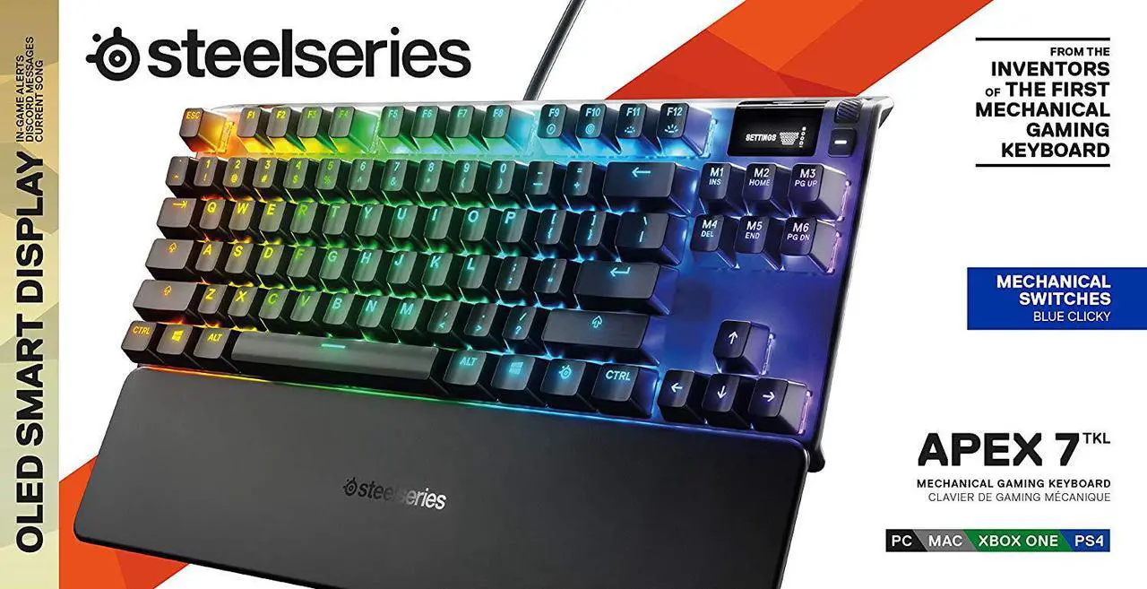 Alt view image 5 of 7 - SteelSeries Apex 7 TKL Compact Mechanical Gaming Keyboard – OLED Smart Display – USB Passthrough and Media Controls – Tactile and Clicky – RGB Backlit (Blue Switch)
