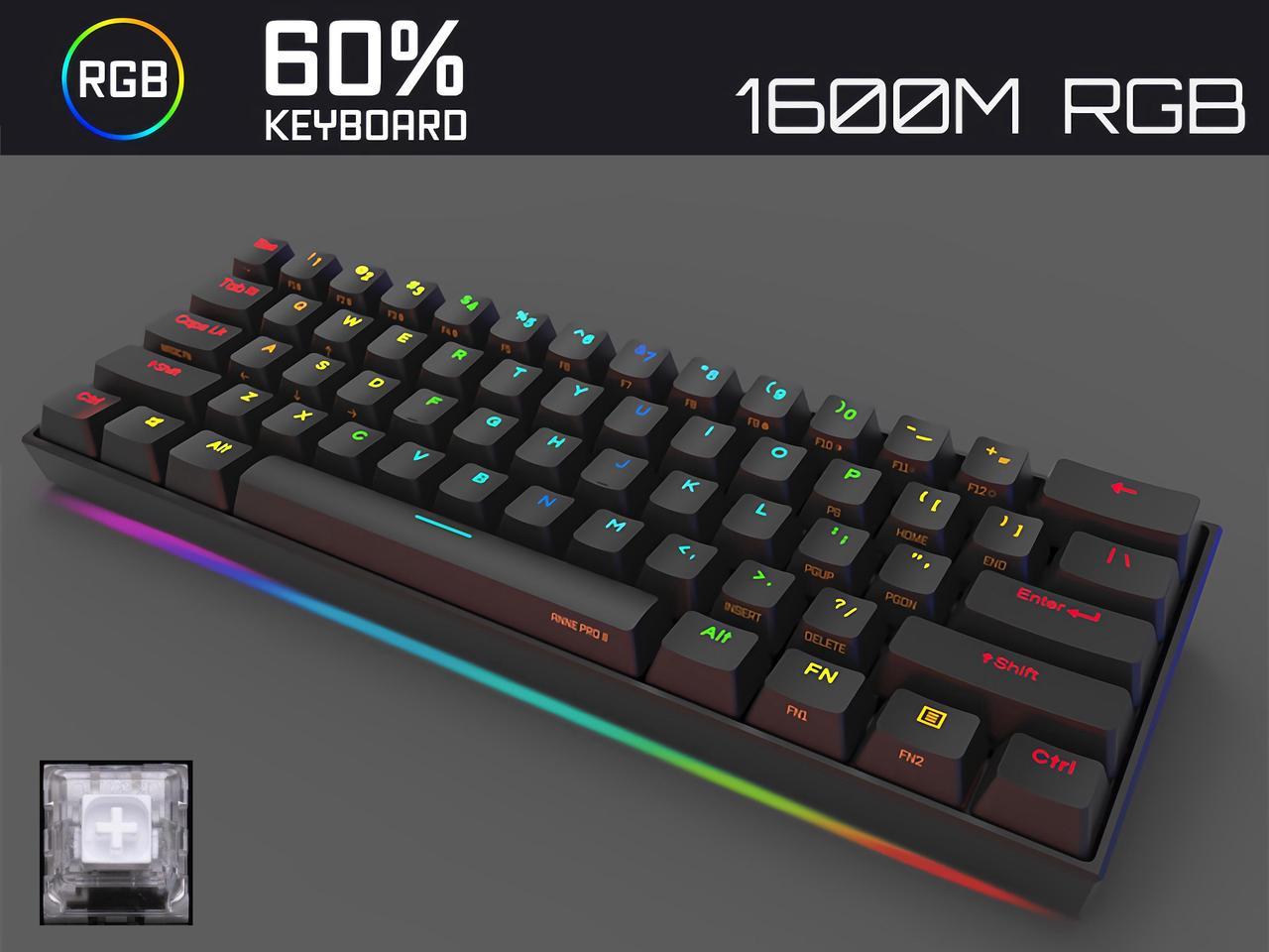 Anne Pro 2 Mechanical Keyboard 60% RGB Wired/ Wireless Gaming Keyboard Mac Bluetooth 4.0 PBT Type-c Kailh BOX White Switch - Black