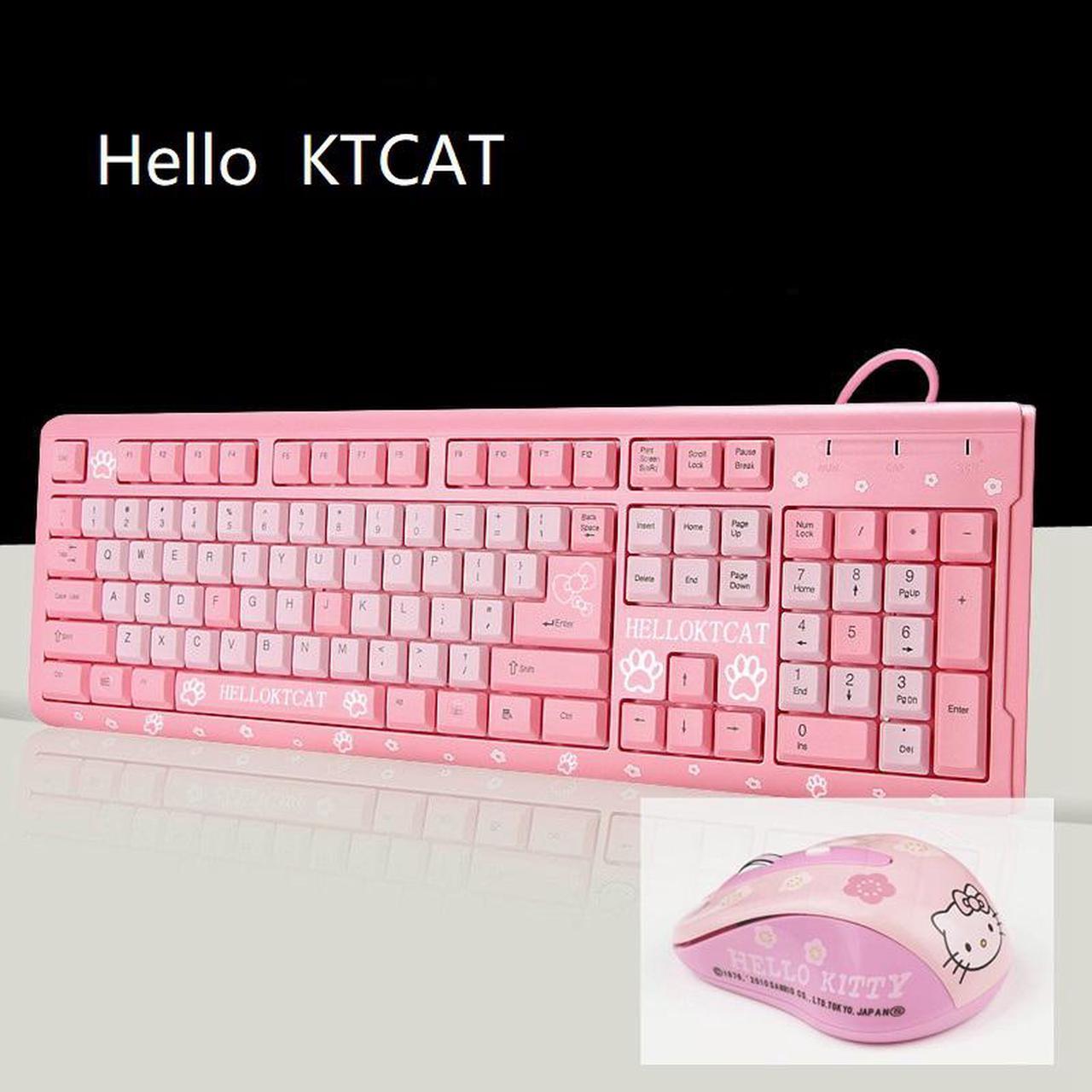 CORN Hello Kitty Pattern Ergonomic Design, Cute Exterior Waterproof Wired Keyboard And 1200DPI  Mouse Combo For Office And Game - Pink