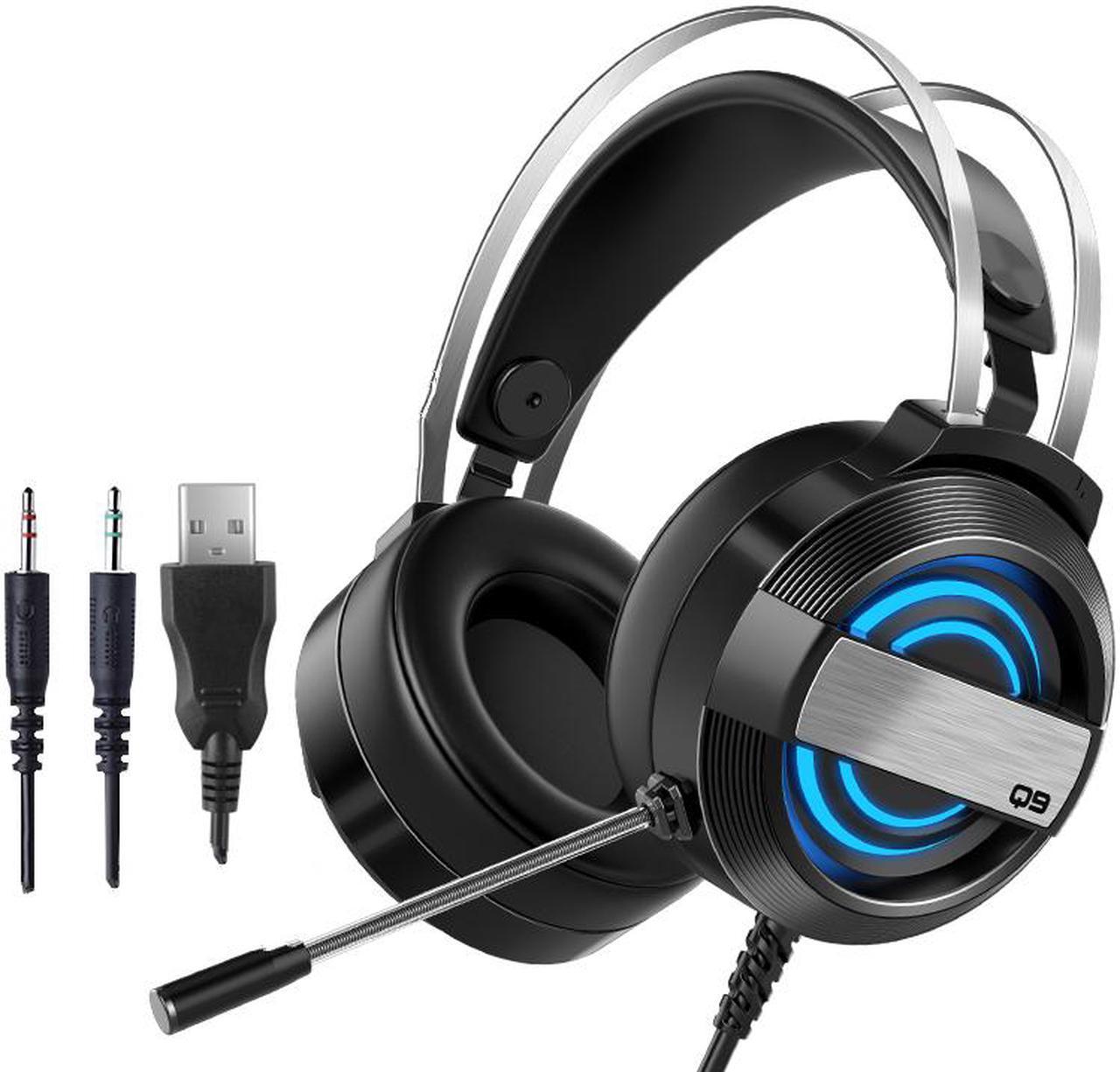 CORN Technology Q9  Gaming Headset with - Steel Frame - Signature Memory Foam, noise-cancellation microphone, 7-color Backlit(USB+MIC+Speaker Plug)