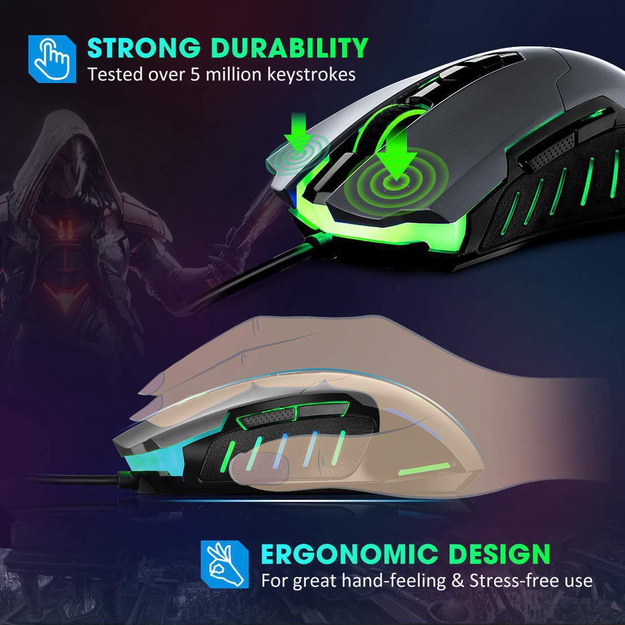 Alt view image 3 of 6 - PICTEK Gaming Mouse Wired [7200 DPI] [Programmable] [Breathing Light] Ergonomic Game USB Computer Mice RGB Gamer Desktop Laptop PC Gaming Mouse, 7 Buttons for Windows 7/8/10/XP Vista Linux, Grey